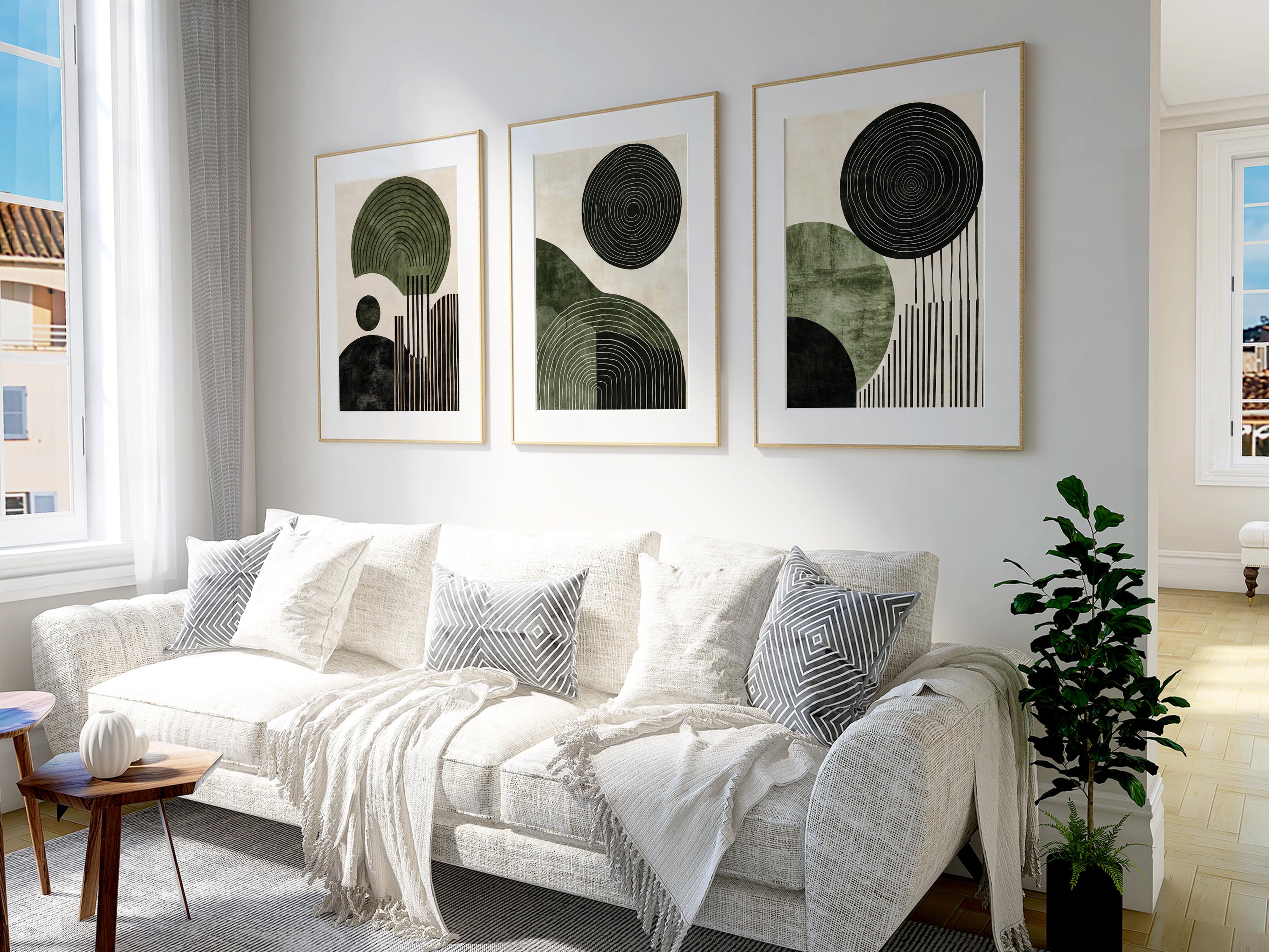 Abstract Green and Black Prints: Geometric Triptych Wall Art