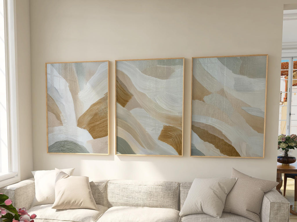 Abstract Brushstroke Print Set | Sage Green, Beige Triptych