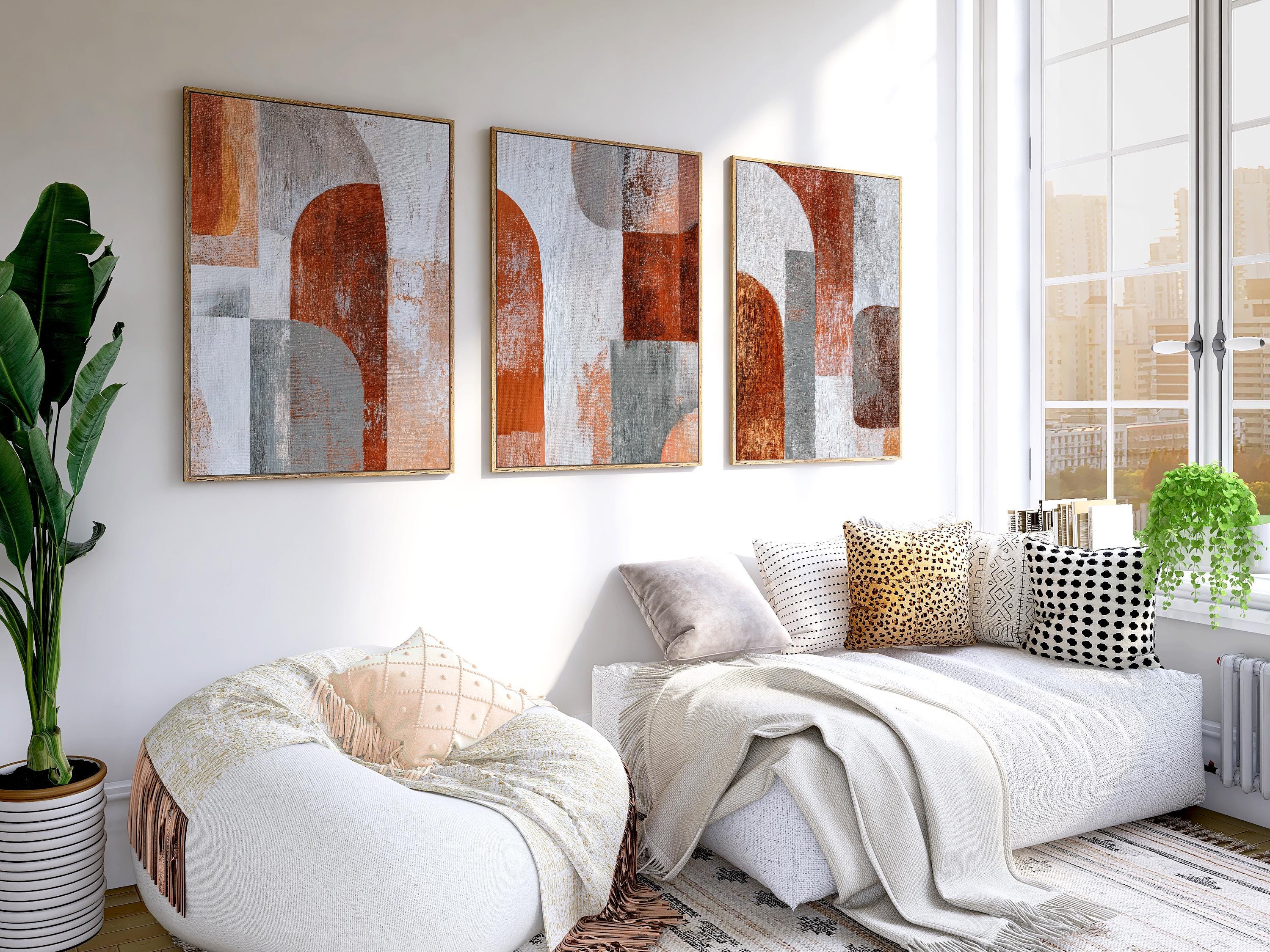 Abstract Geometric Wall Art Set of 3 - Modern Earth Tone Prints - Rust Orange Gray Artwork Print