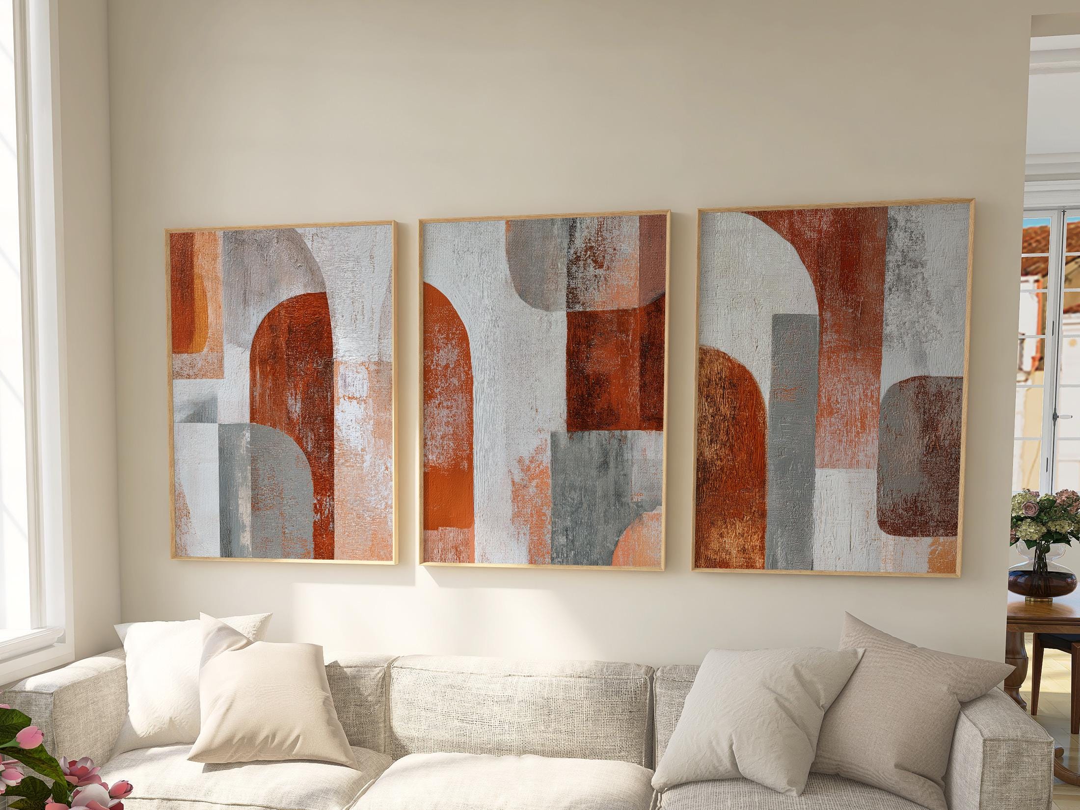 Abstract Geometric Wall Art Set of 3 - Modern Earth Tone Prints - Rust Orange Gray Artwork Print