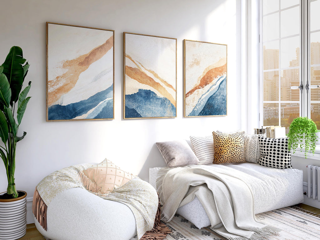 Abstract Triptych Wall Art: Blue & Orange Coastal Prints