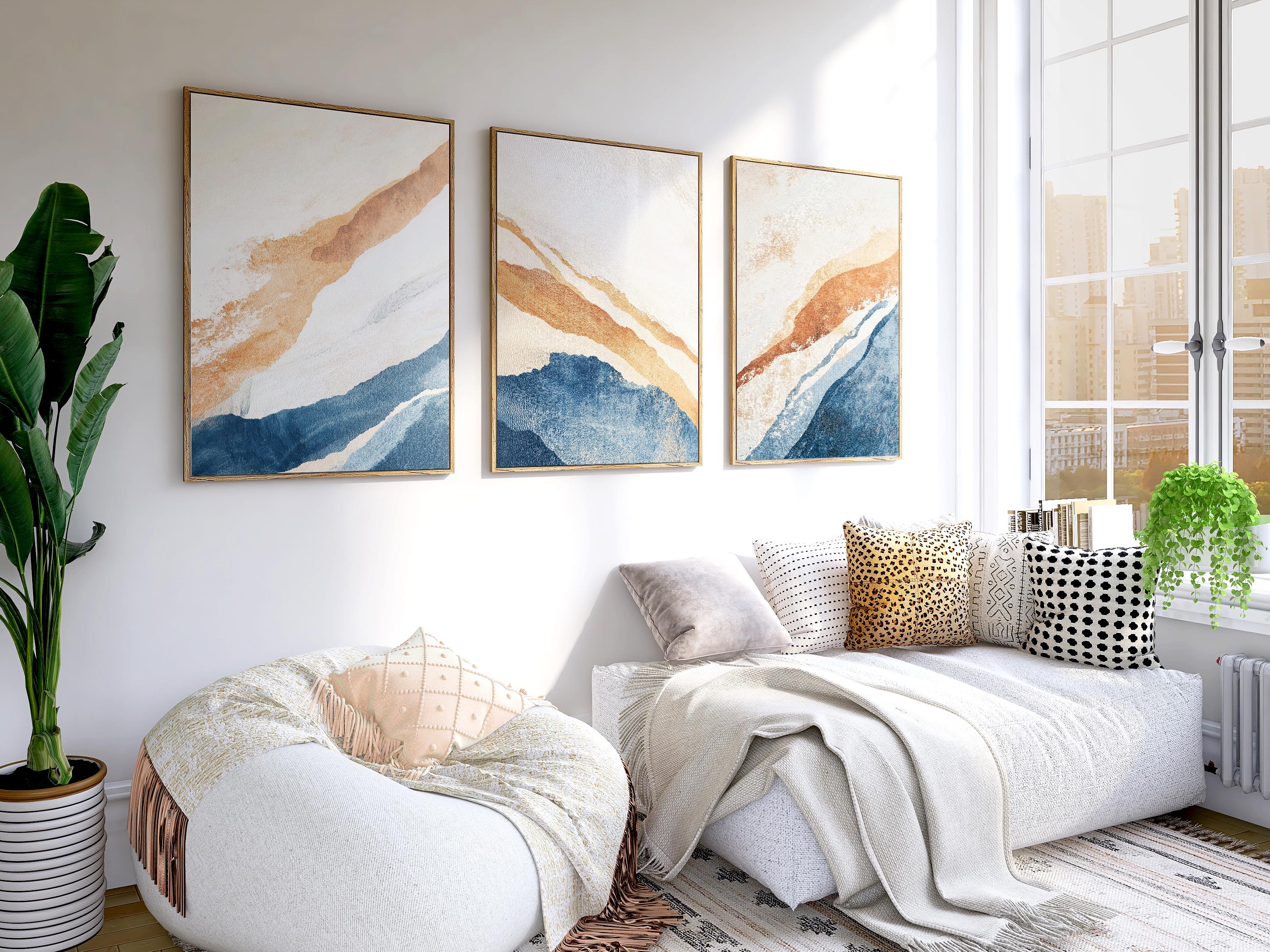 Abstract Triptych Wall Art: Blue & Orange Coastal Prints