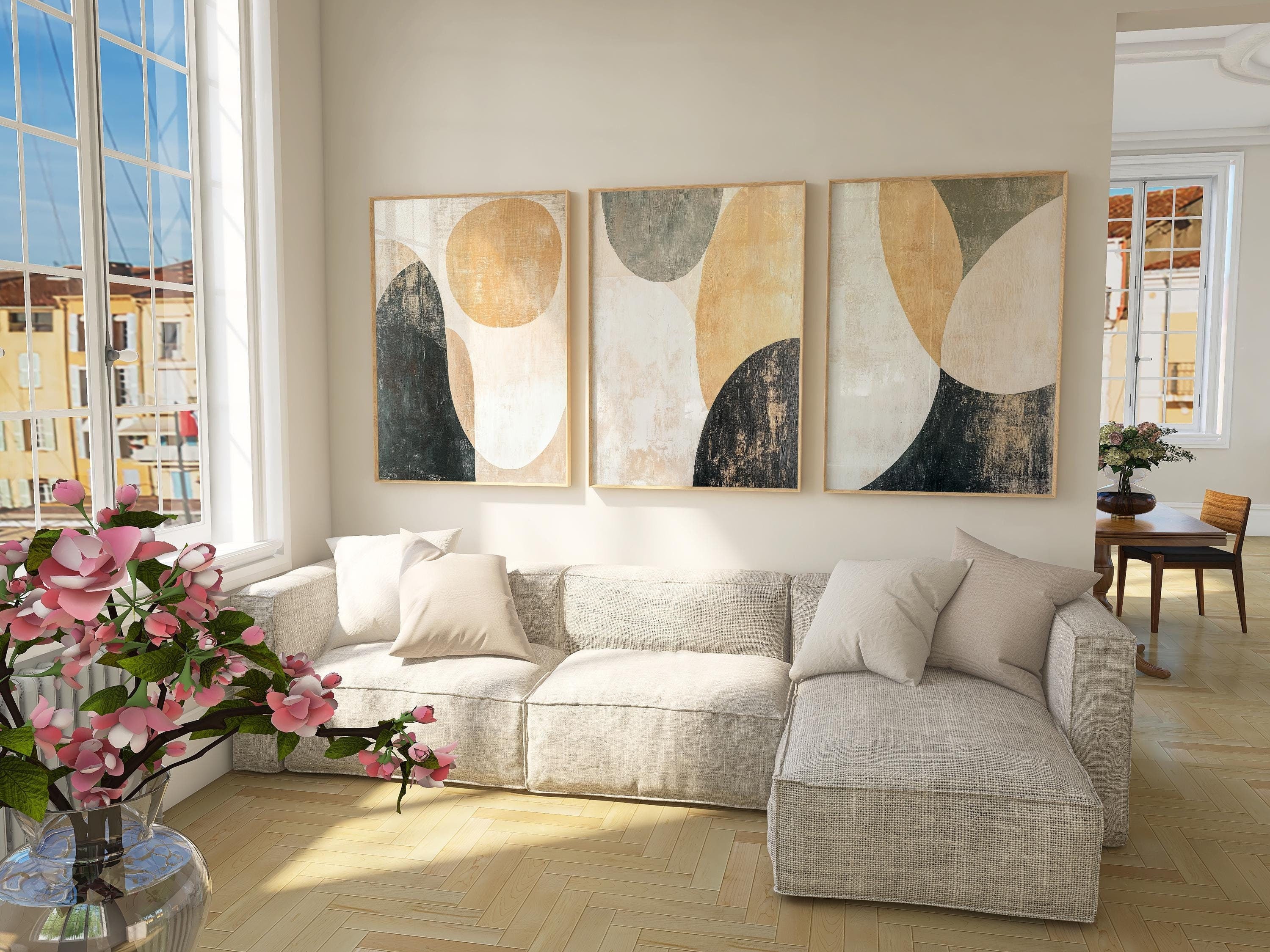 Abstract Circular Art Print Set: Beige & Green Triptych