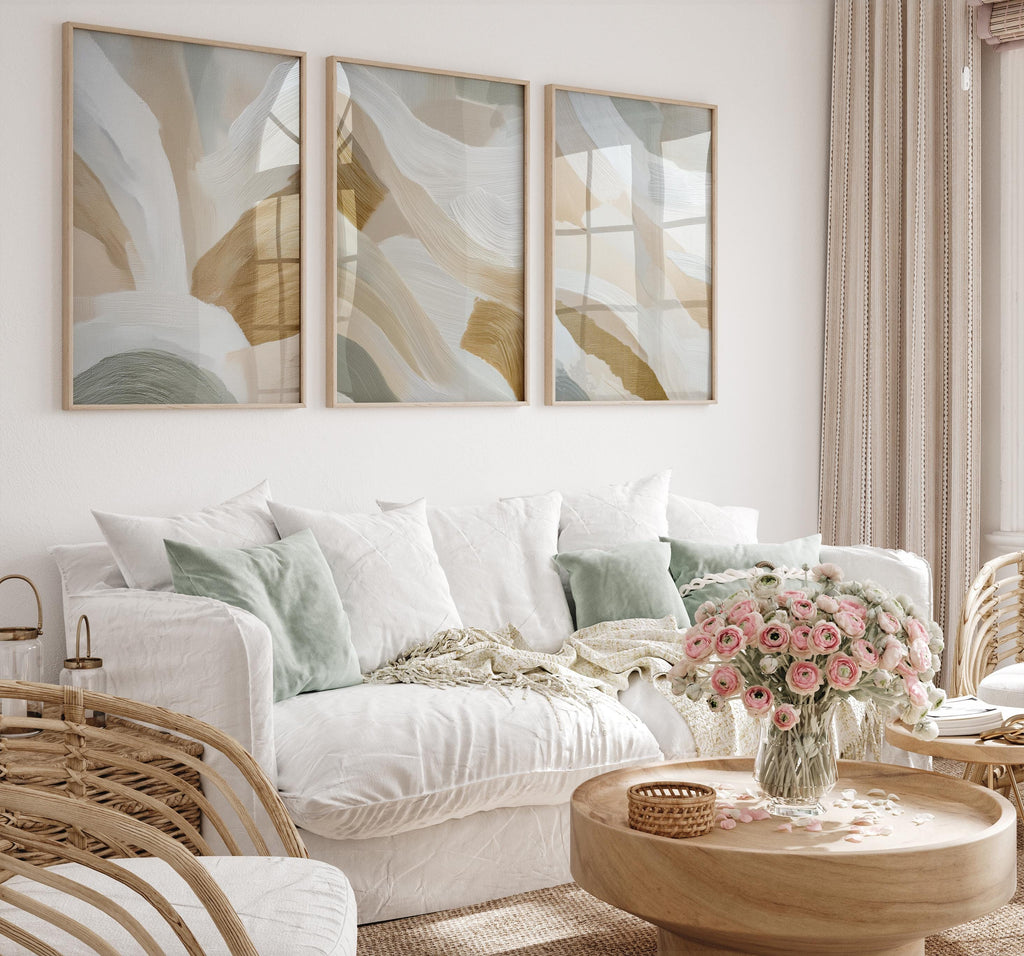 Abstract Brushstroke Print Set | Sage Green, Beige Triptych