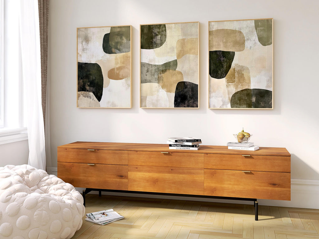 Abstract Olive Green Wall Art Set: Modern Textured Triptych