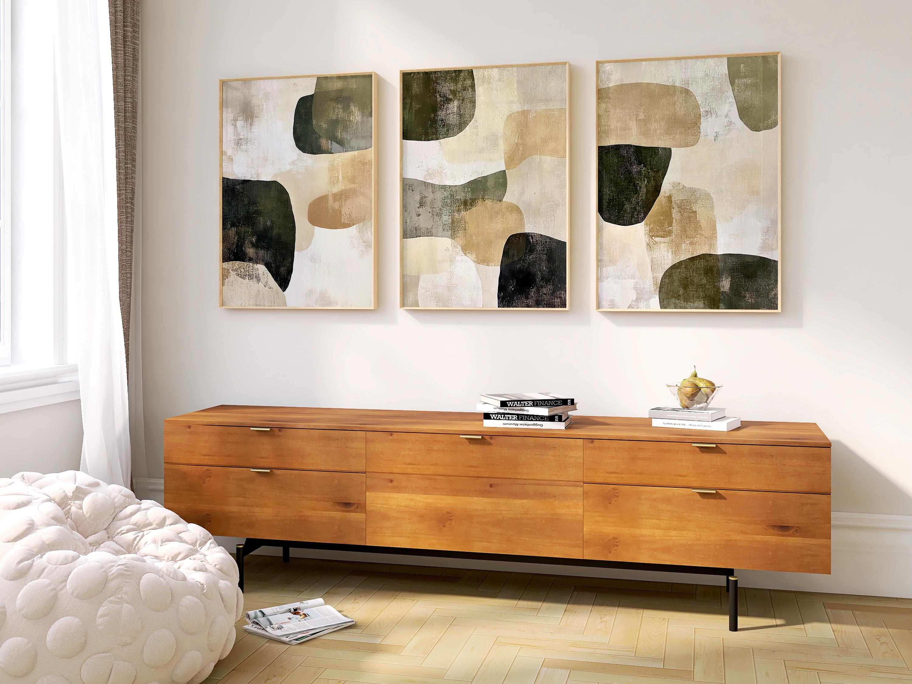 Abstract Olive Green Wall Art Set: Modern Textured Triptych