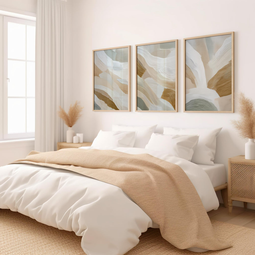 Abstract Brushstroke Print Set | Sage Green, Beige Triptych