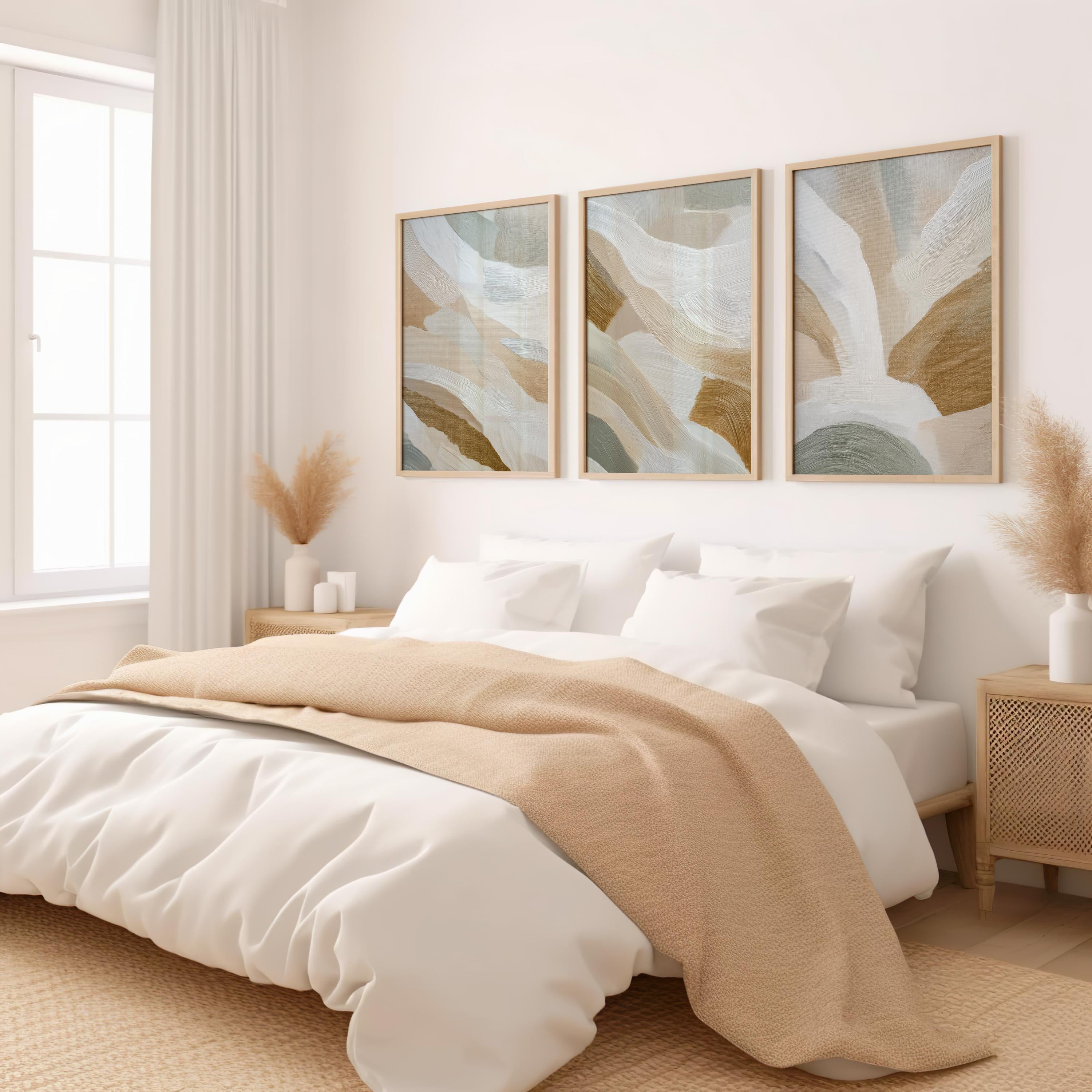 Abstract Brushstroke Print Set | Sage Green, Beige Triptych