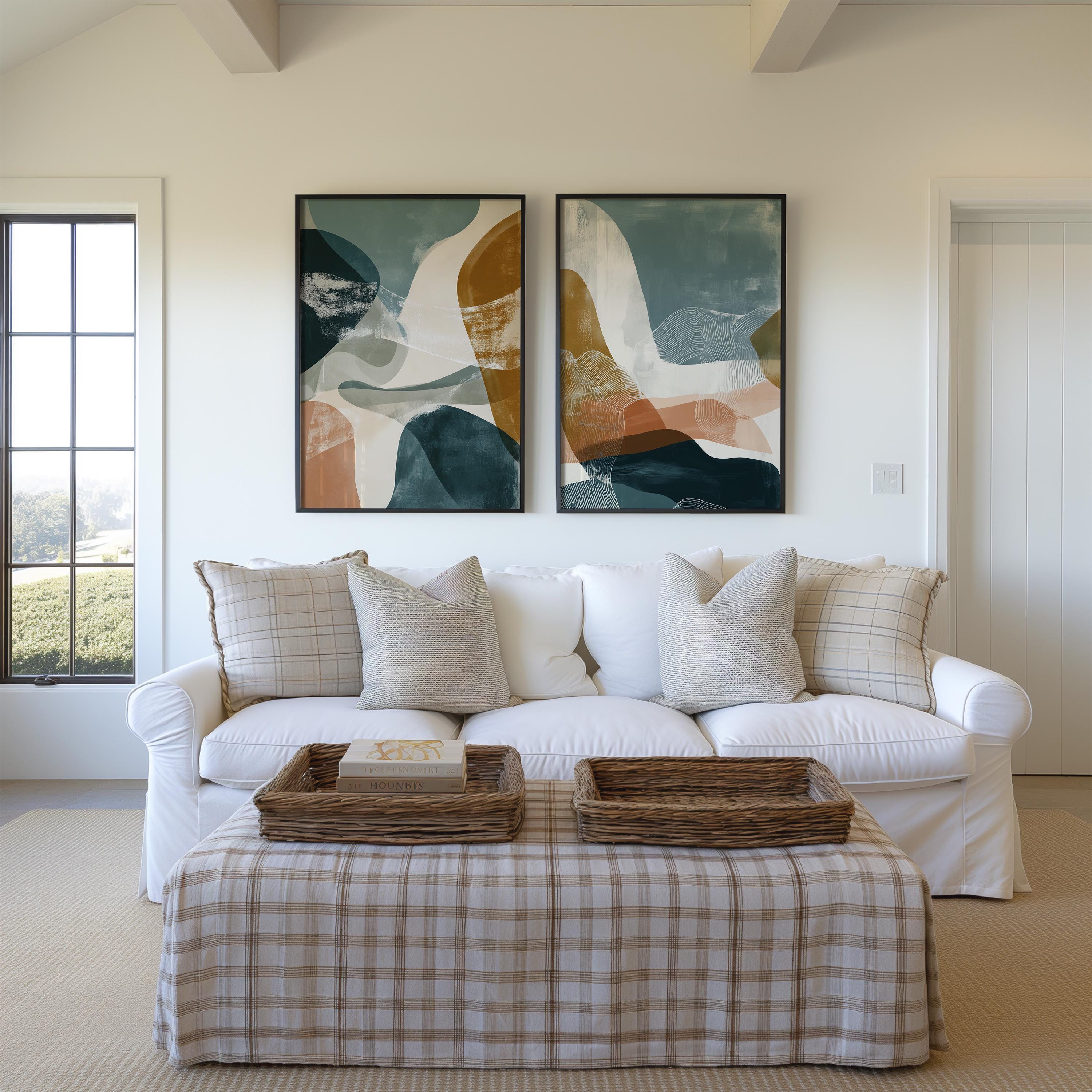 Abstract Modern Wall Art Set of 2 Prints Organic Shapes Neutral Mustard Gray Contemporary Minimalist Home Decor