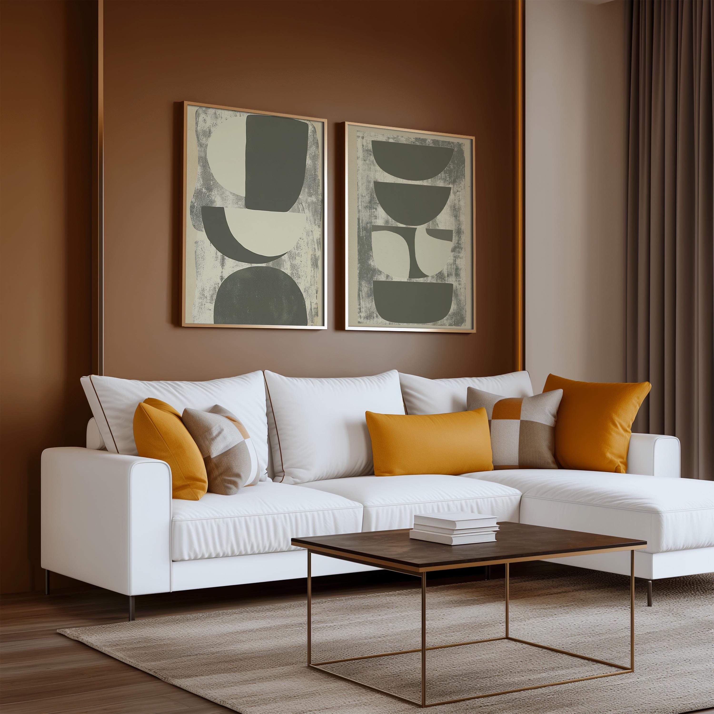 Abstract Geometric Wall Art Set of 2 Prints Neutral Minimalist Modern Home Decor Beige Gray Living Room