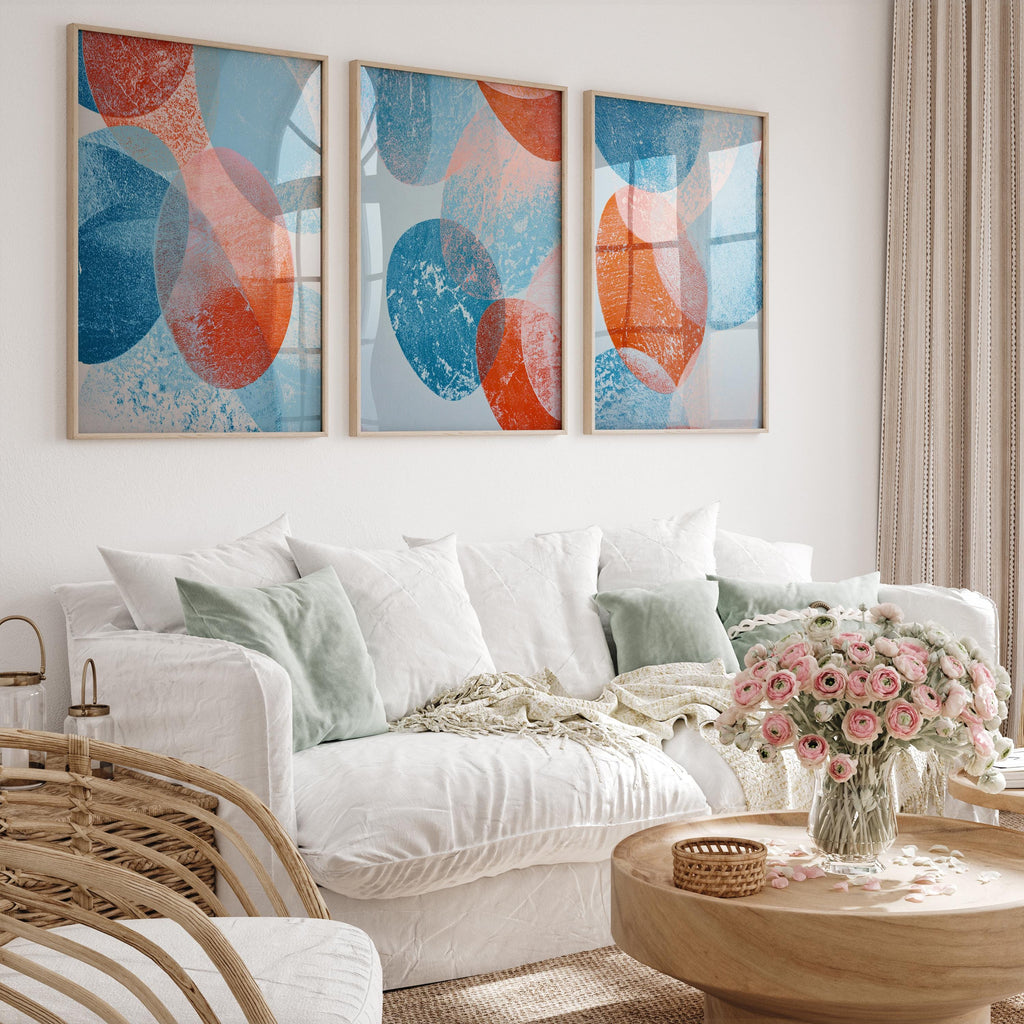 Abstract Circle Prints Set of 3, Blue Red Geometric Wall Art, Mid Century Modern Posters for Living Room Bedroom Decor