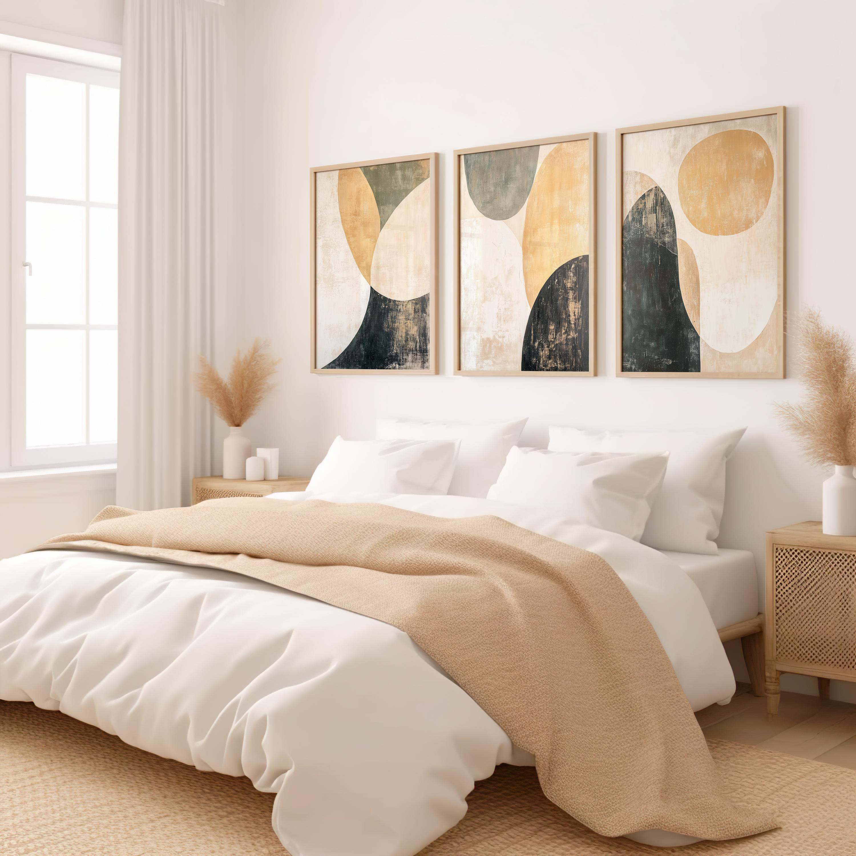 Abstract Circular Art Print Set: Beige & Green Triptych