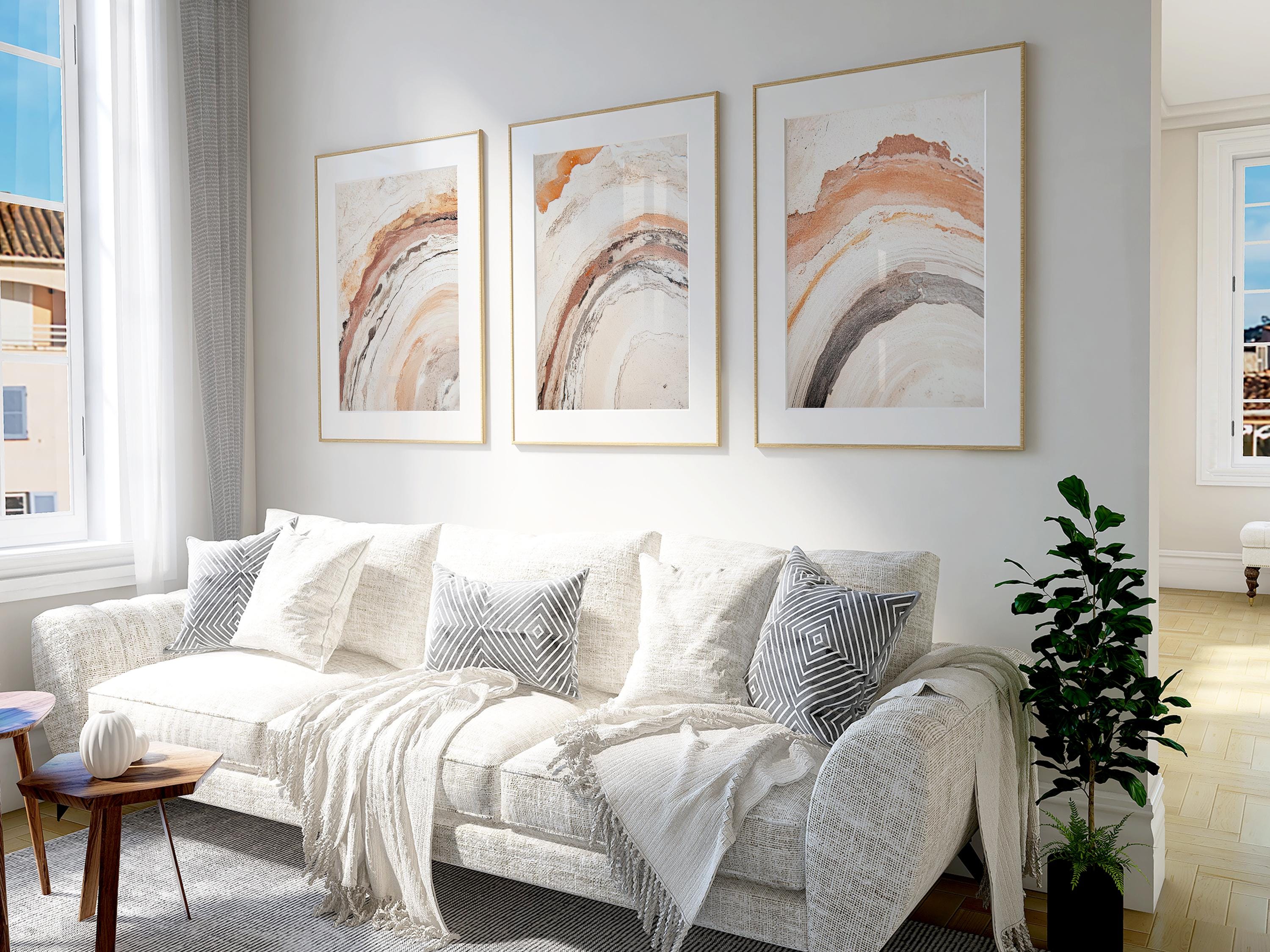 Abstract Terracotta Beige Triptych: Textured Earth Tone Prints