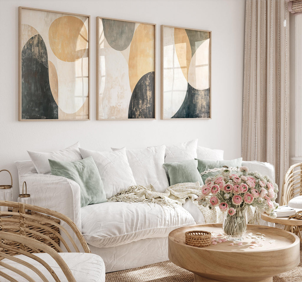 Abstract Circular Art Print Set: Beige & Green Triptych