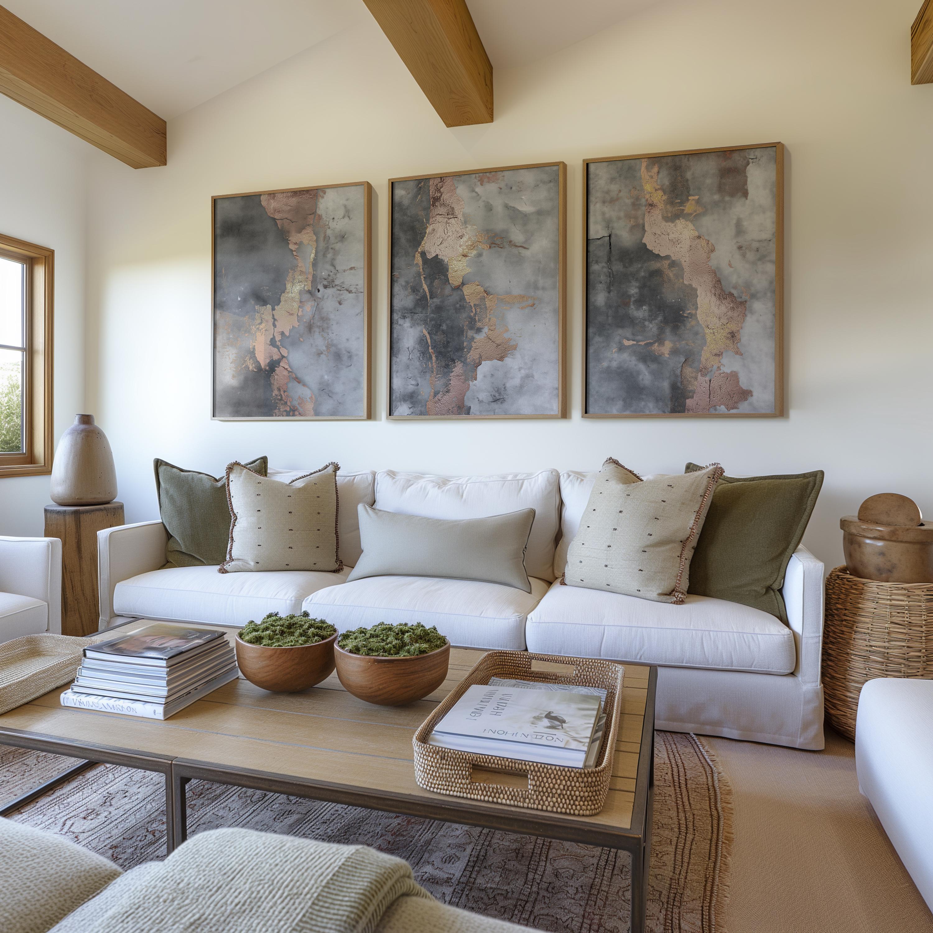 Abstract Triptych Wall Art: Gold, Blush, Gray Textured Prints