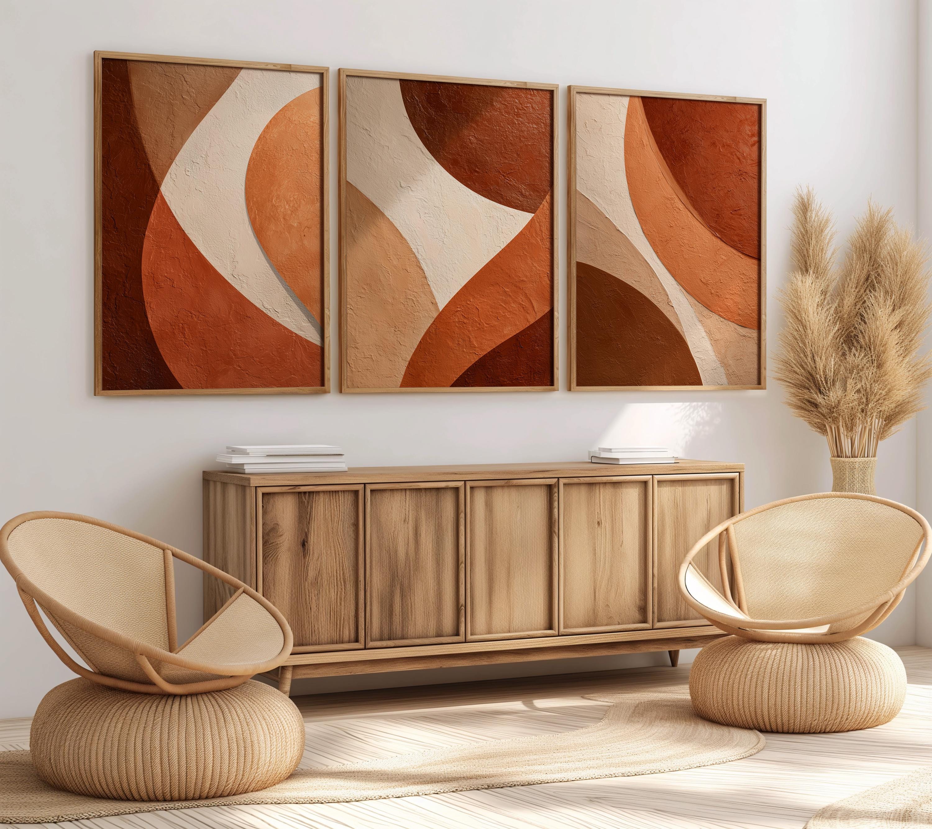 Abstract Terracotta Art Prints Set of 3 Warm Geometric Wall Art