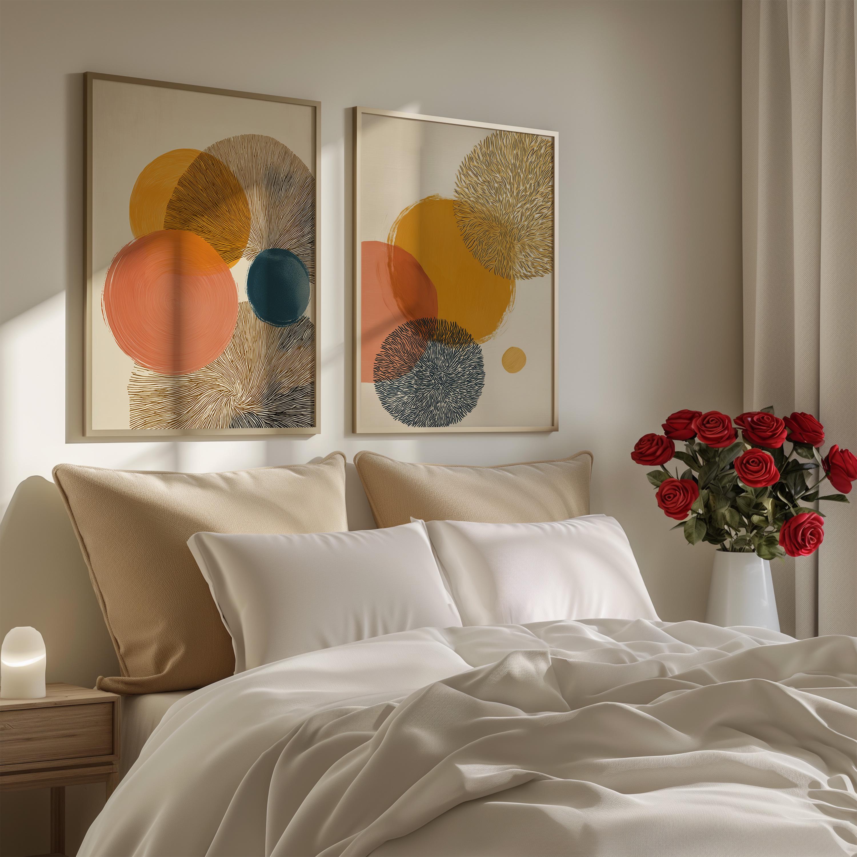 Abstract Circle Art Prints Set of 2 Modern Geometric Wall Decor Mustard Orange Teal Warm Boho Contemporary