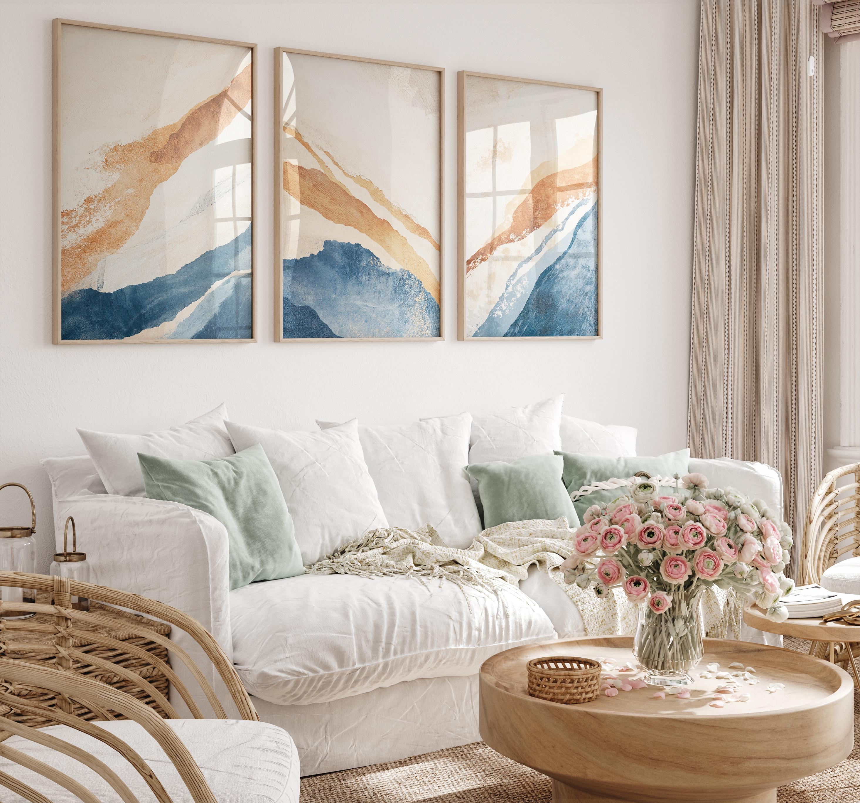 Abstract Triptych Wall Art: Blue & Orange Coastal Prints