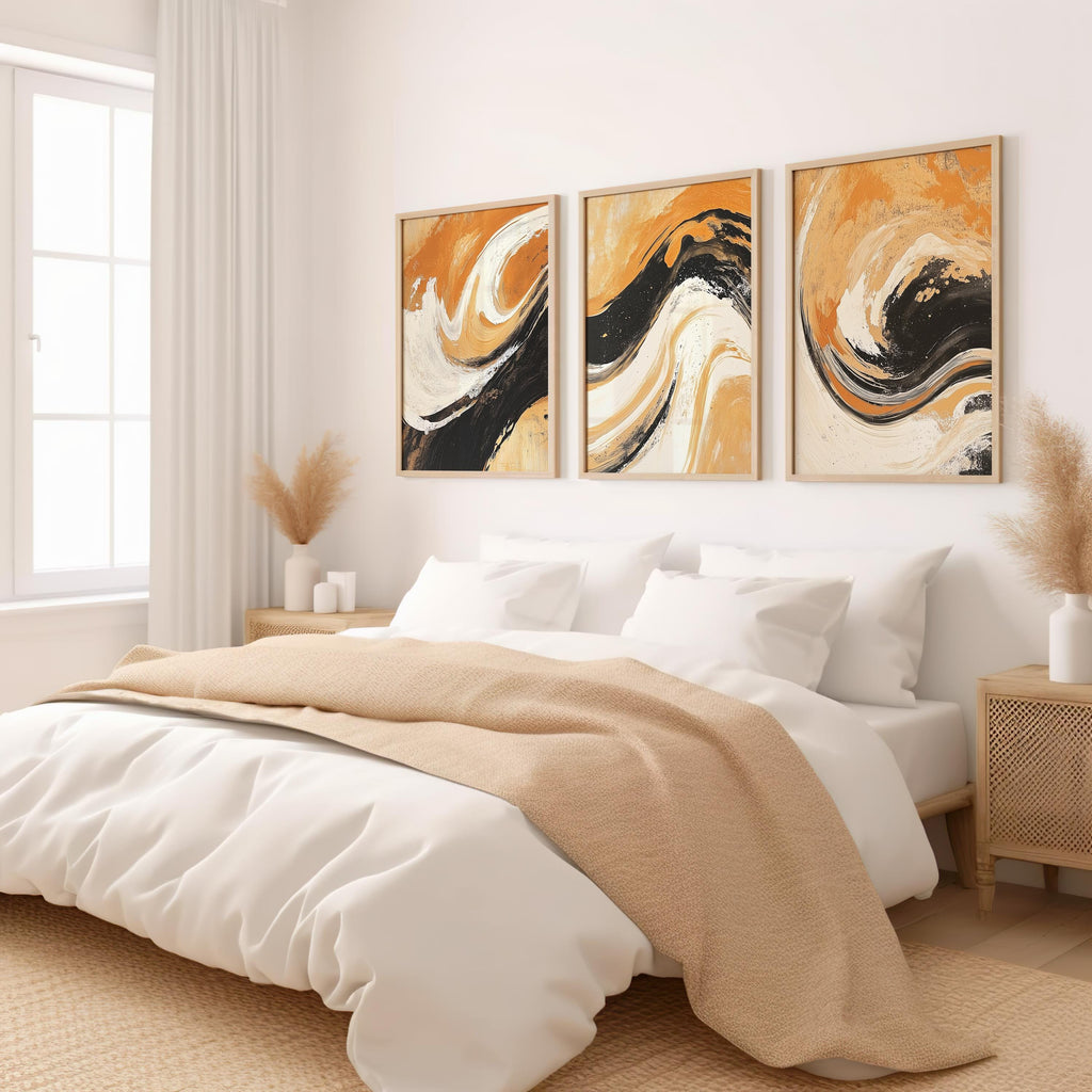 Abstract Swirl Art Prints: Black & Burnt Orange Triptych