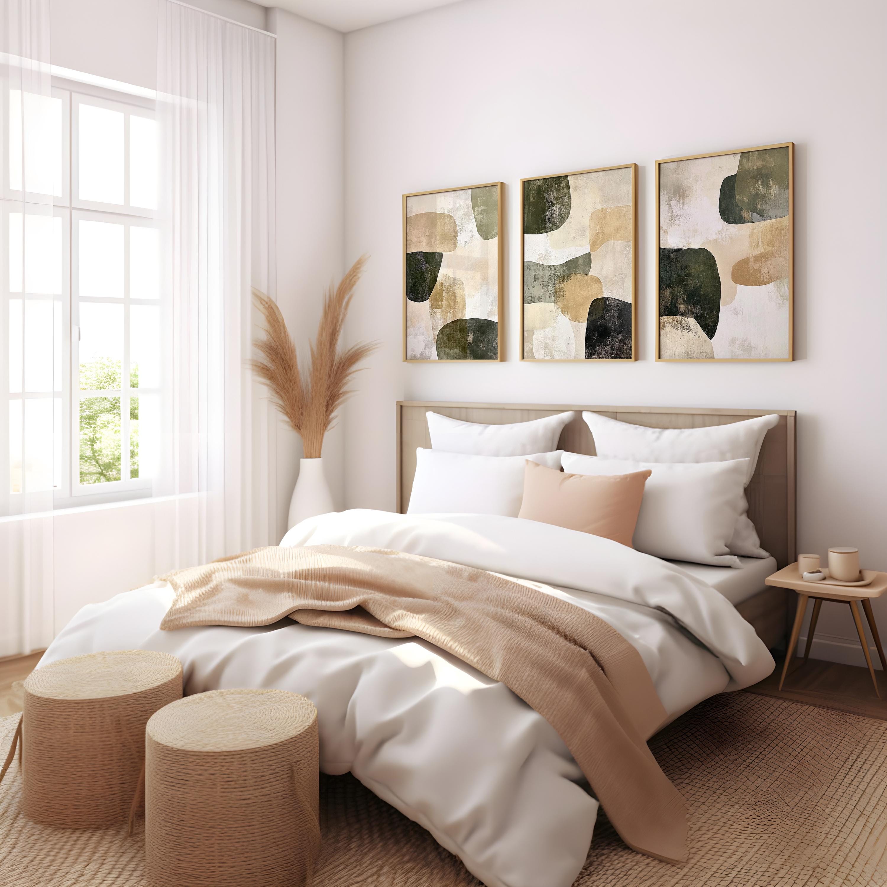 Abstract Olive Green Wall Art Set: Modern Textured Triptych