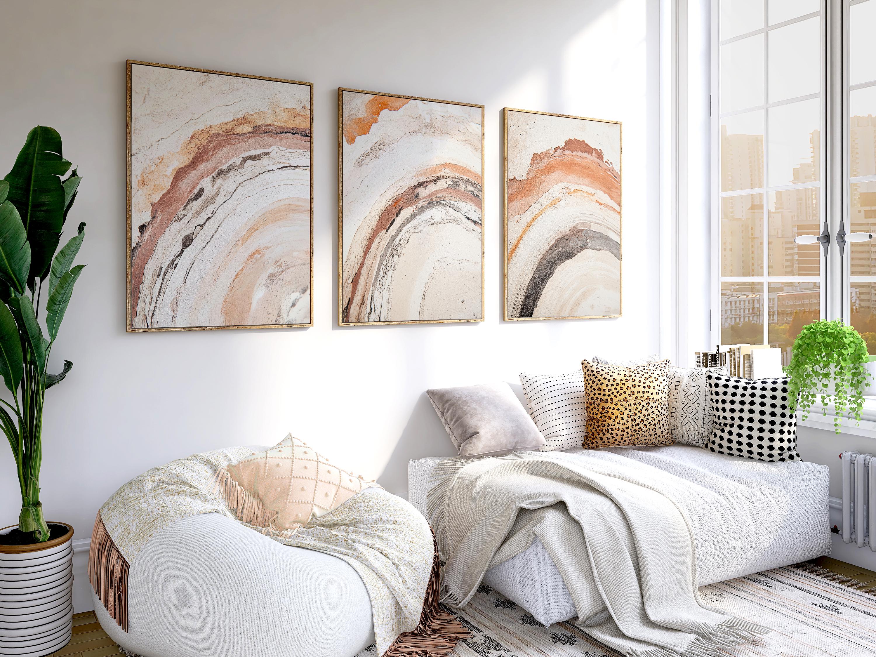 Abstract Terracotta Beige Triptych: Textured Earth Tone Prints