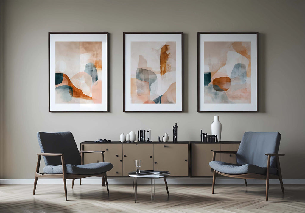 Abstract Triptych Art Print: Neutral Earthy Tones, Living Room Wall Decor