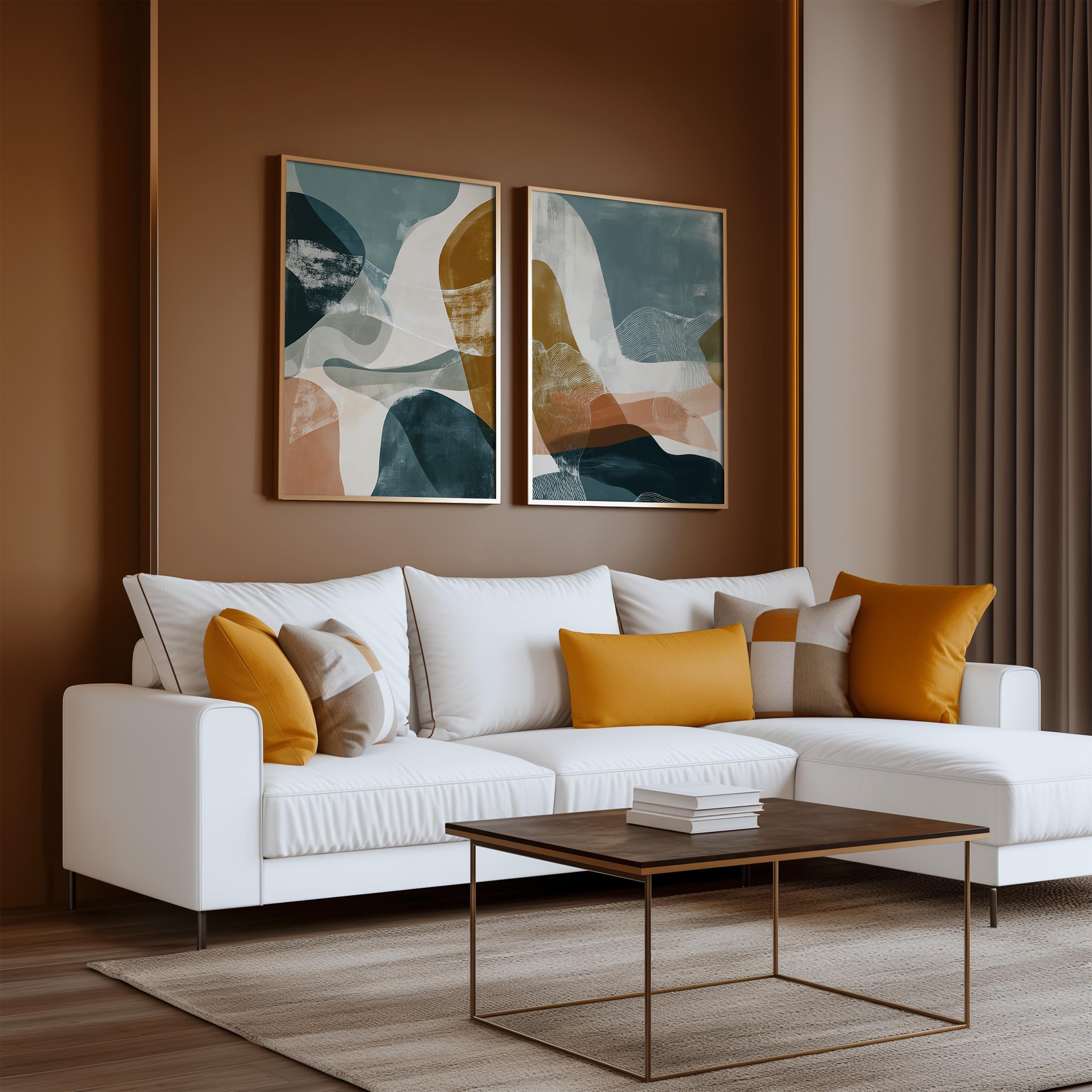 Abstract Modern Wall Art Set of 2 Prints Organic Shapes Neutral Mustard Gray Contemporary Minimalist Home Decor