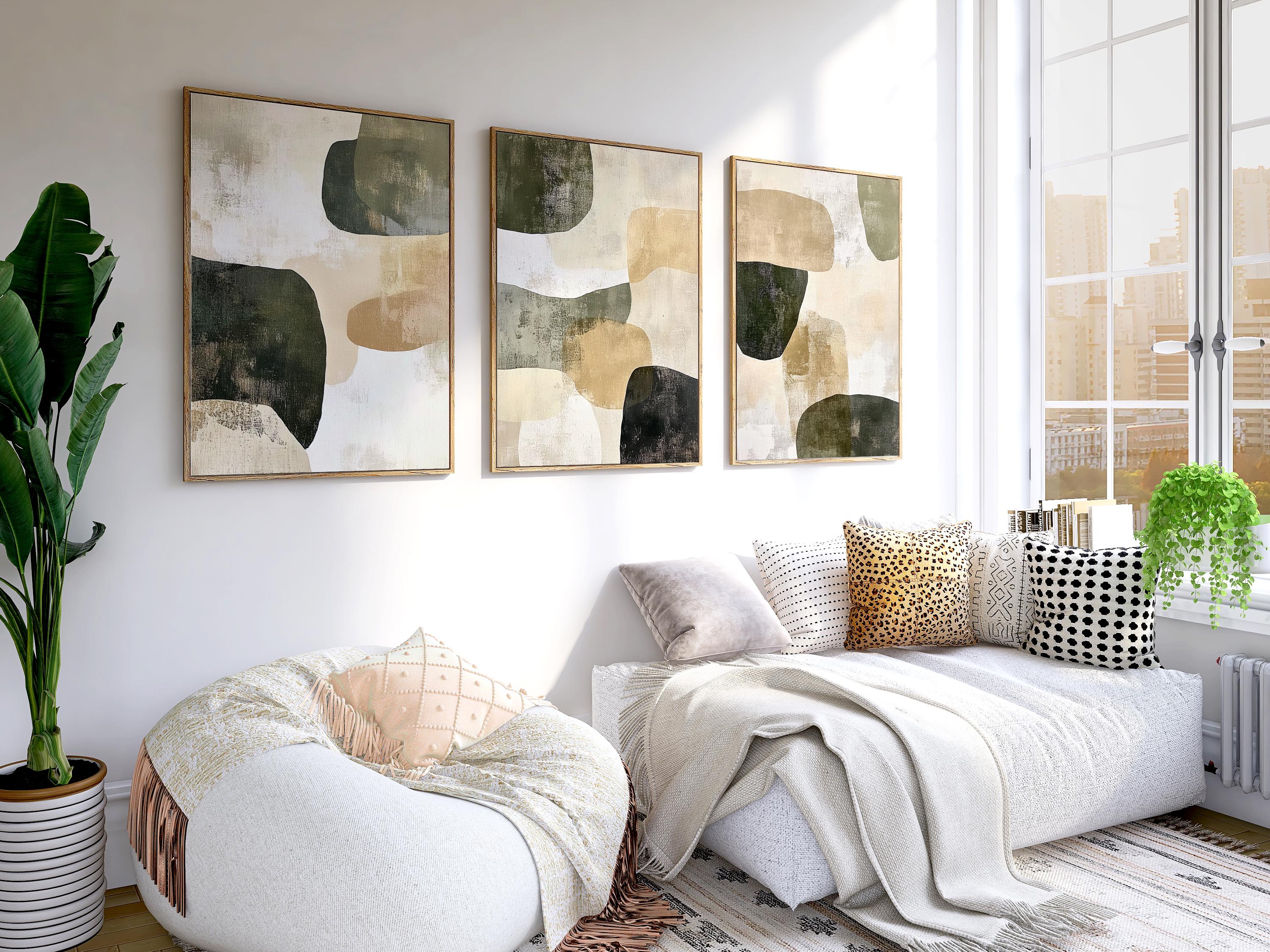 Abstract Olive Green Wall Art Set: Modern Textured Triptych