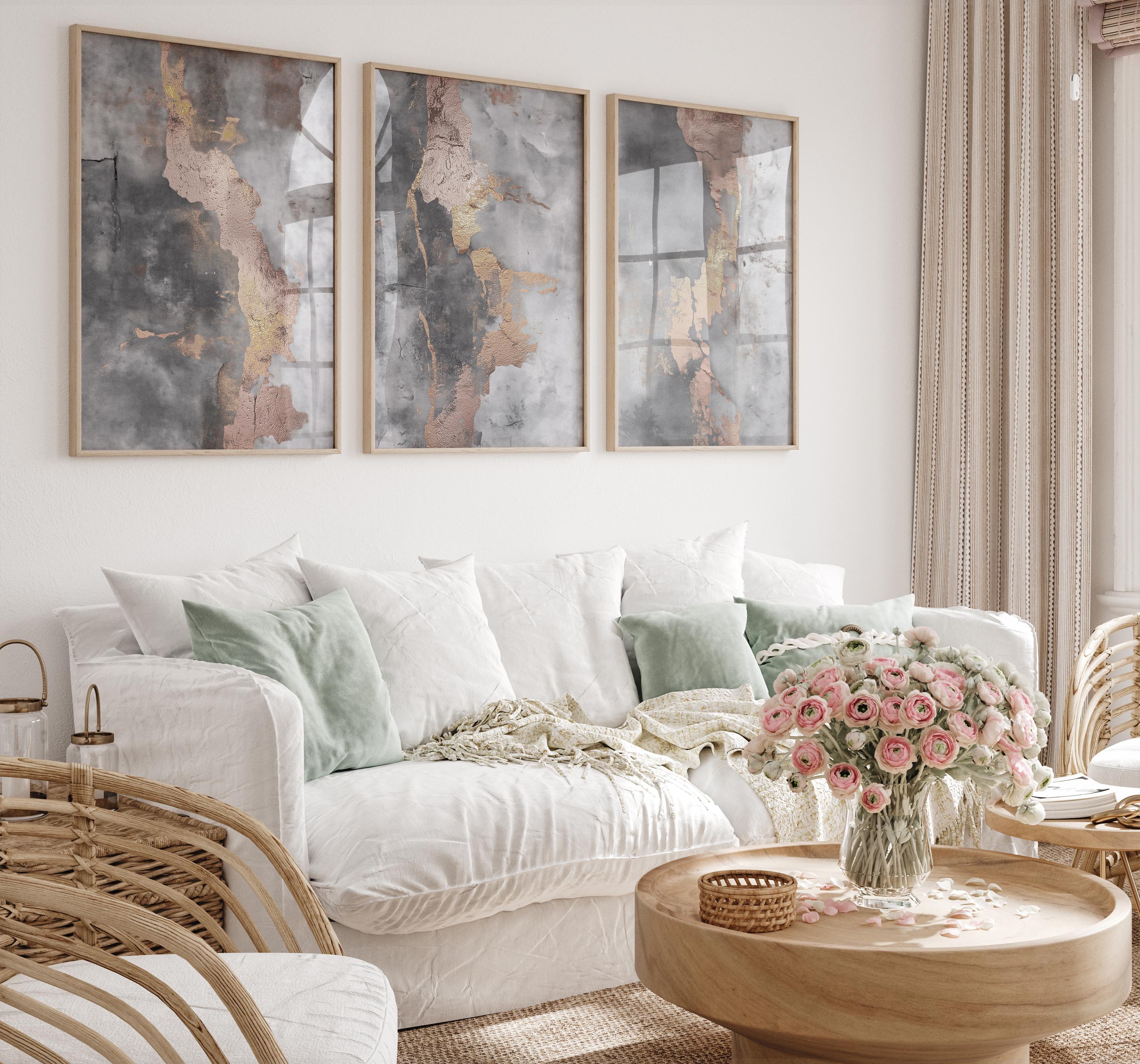 Abstract Triptych Wall Art: Gold, Blush, Gray Textured Prints