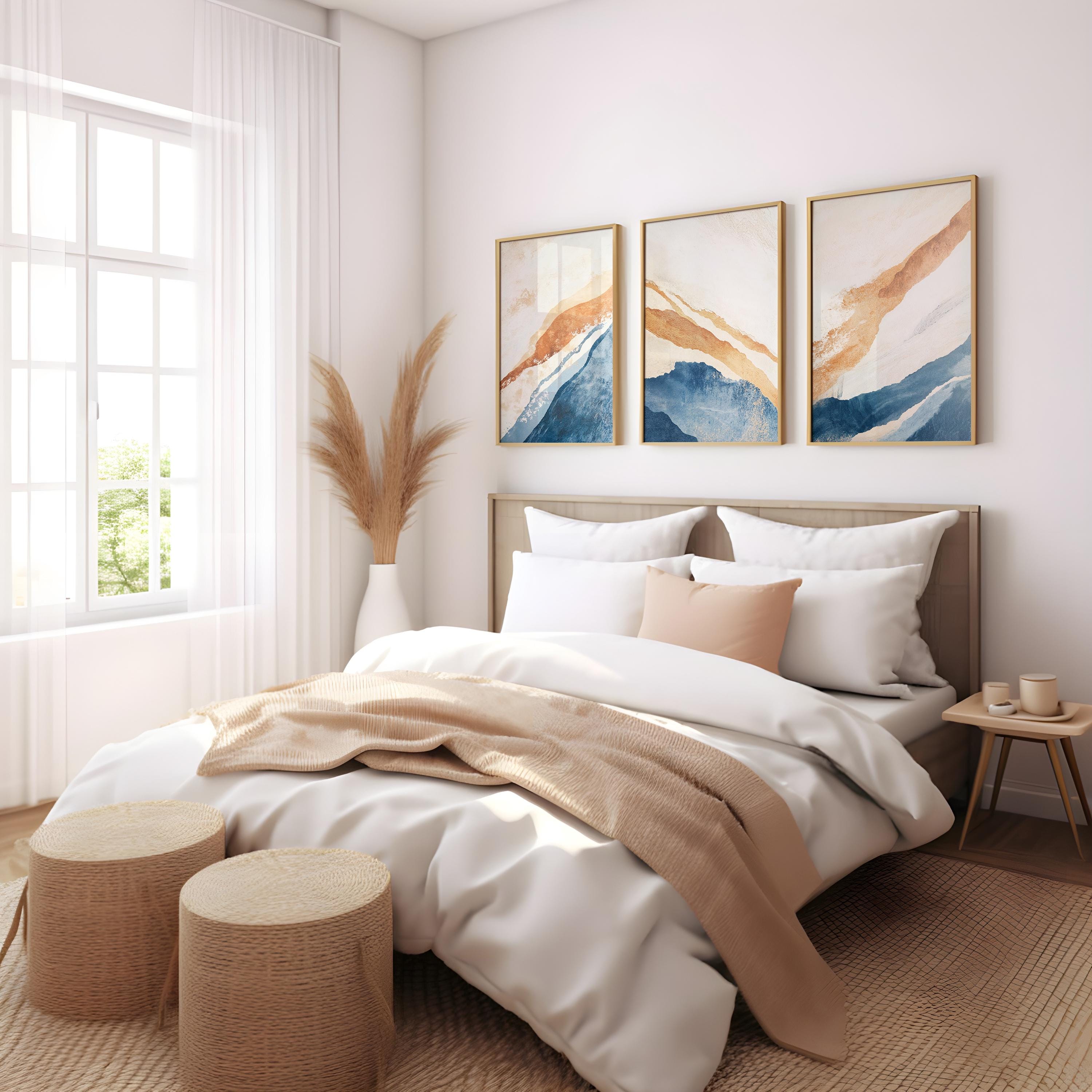 Abstract Triptych Wall Art: Blue & Orange Coastal Prints