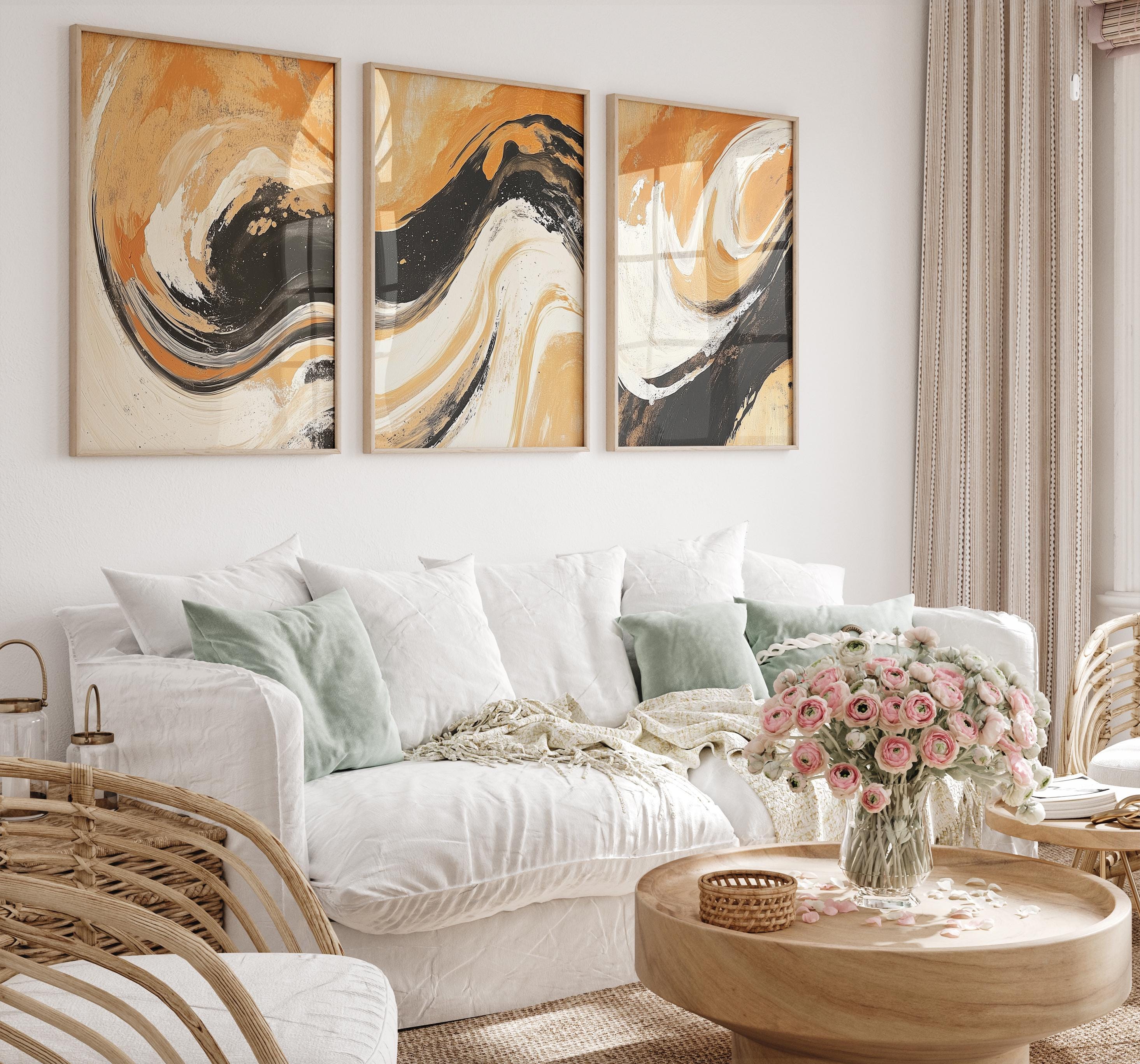 Abstract Swirl Art Prints: Black & Burnt Orange Triptych