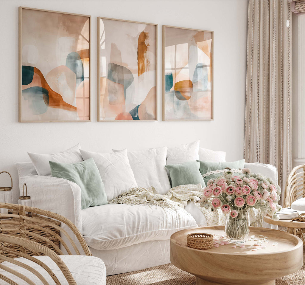 Abstract Triptych Art Print: Neutral Earthy Tones, Living Room Wall Decor