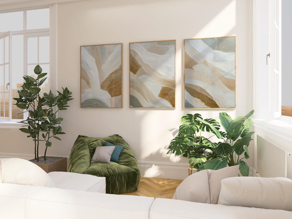 Abstract Brushstroke Print Set | Sage Green, Beige Triptych
