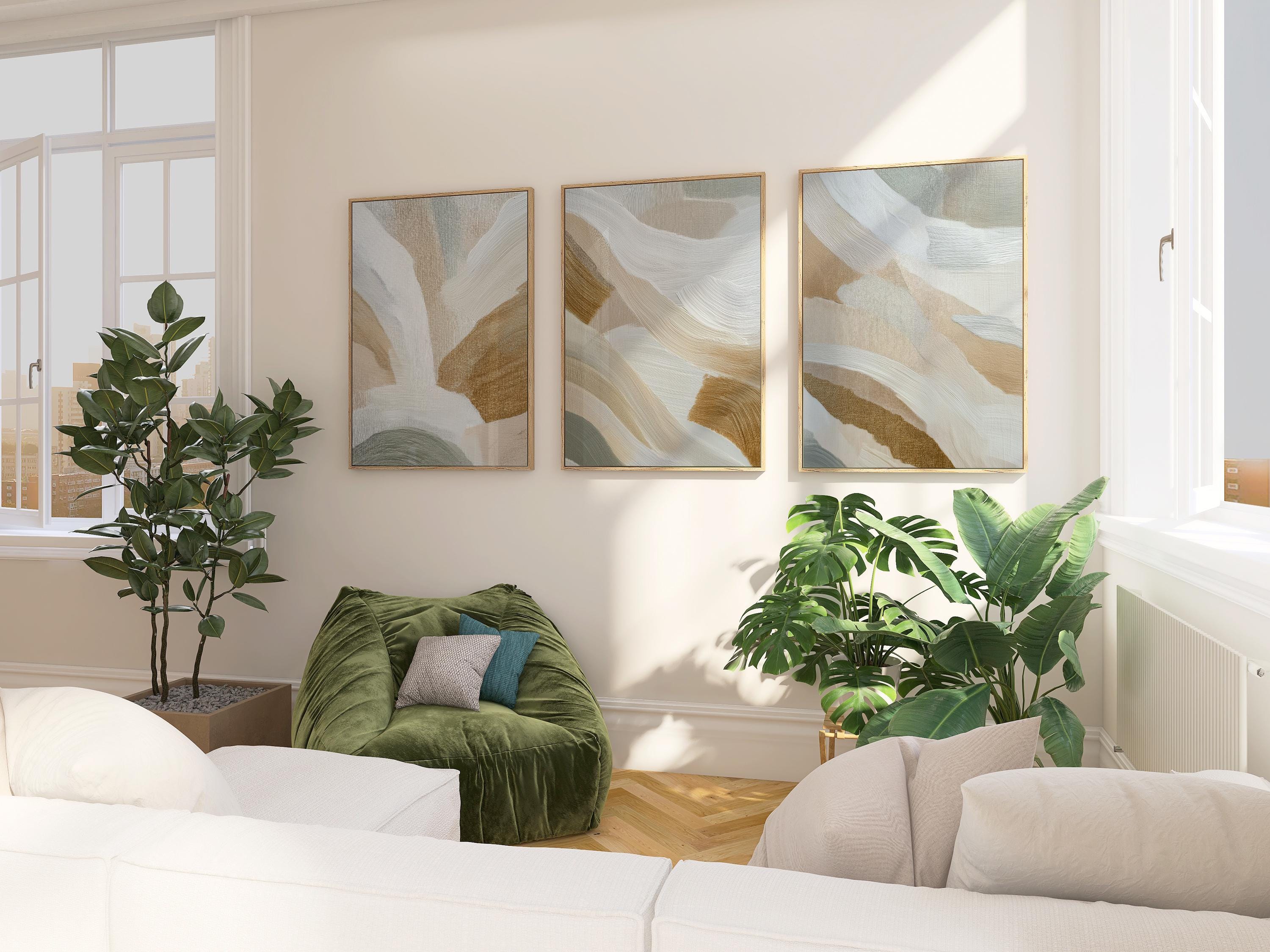 Abstract Brushstroke Print Set | Sage Green, Beige Triptych