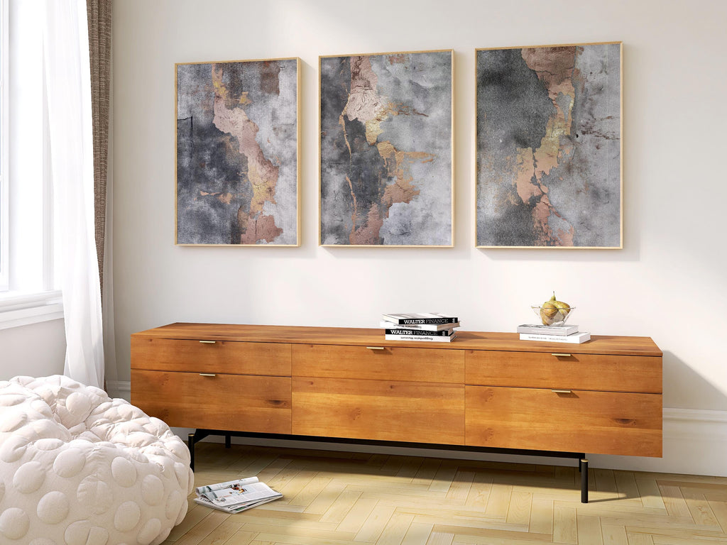 Abstract Triptych Wall Art: Gold, Blush, Gray Textured Prints