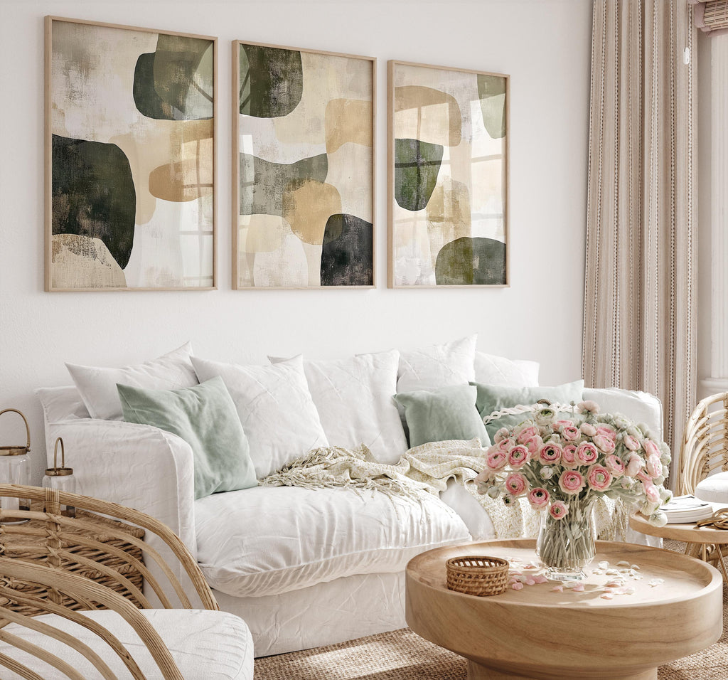 Abstract Olive Green Wall Art Set: Modern Textured Triptych