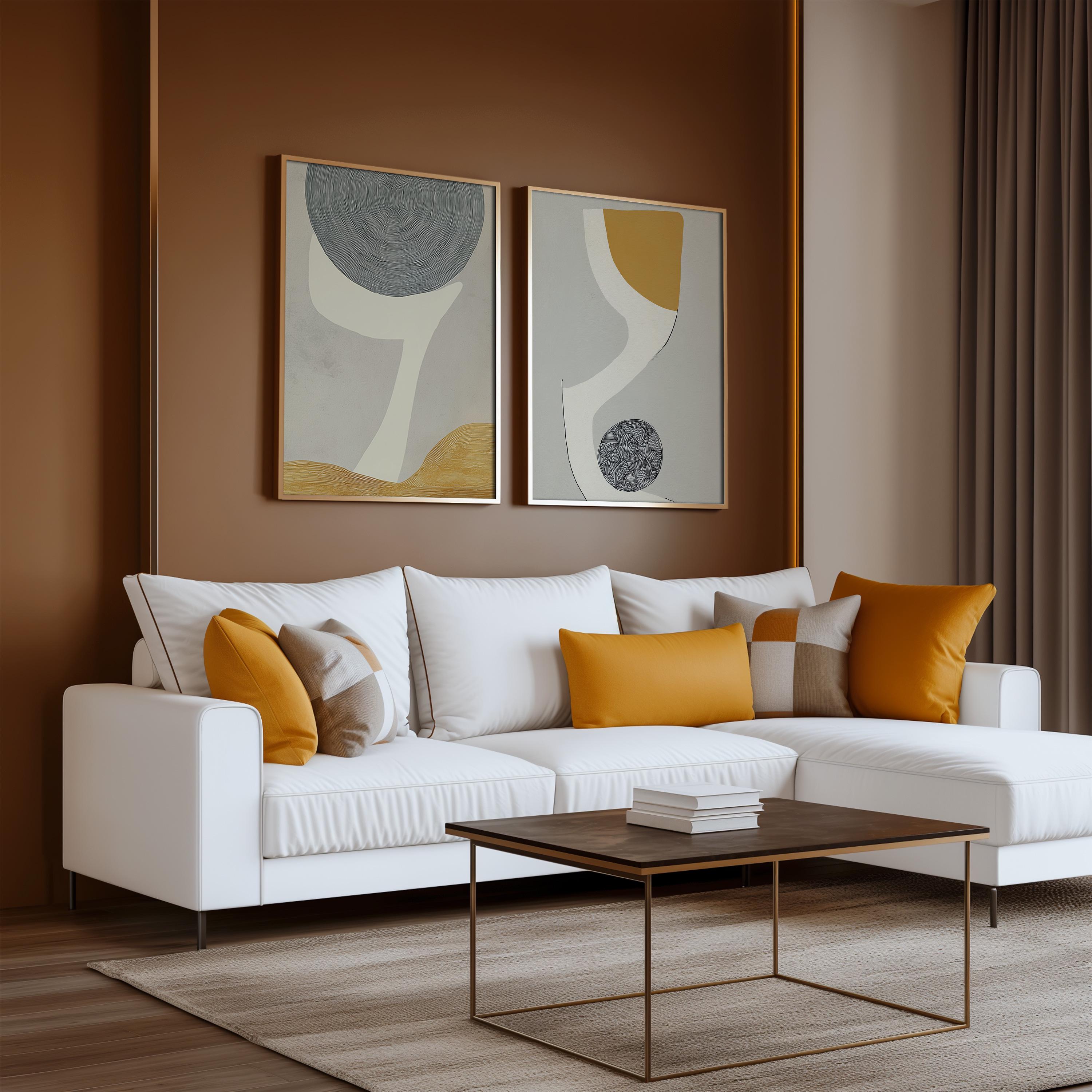 Abstract Geometric Wall Art Set of 2 Neutral Mustard Gray Modern Prints