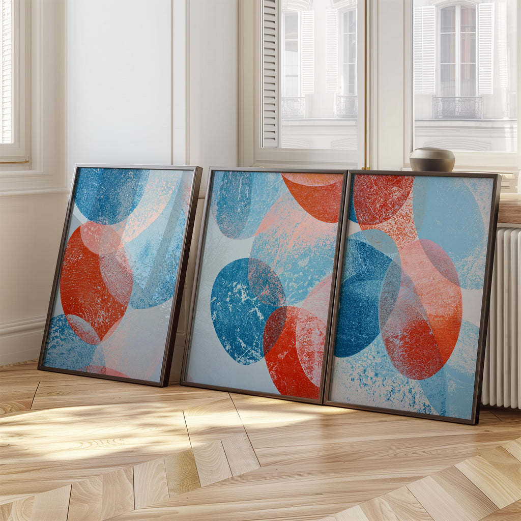 Abstract Circle Prints Set of 3, Blue Red Geometric Wall Art, Mid Century Modern Posters for Living Room Bedroom Decor