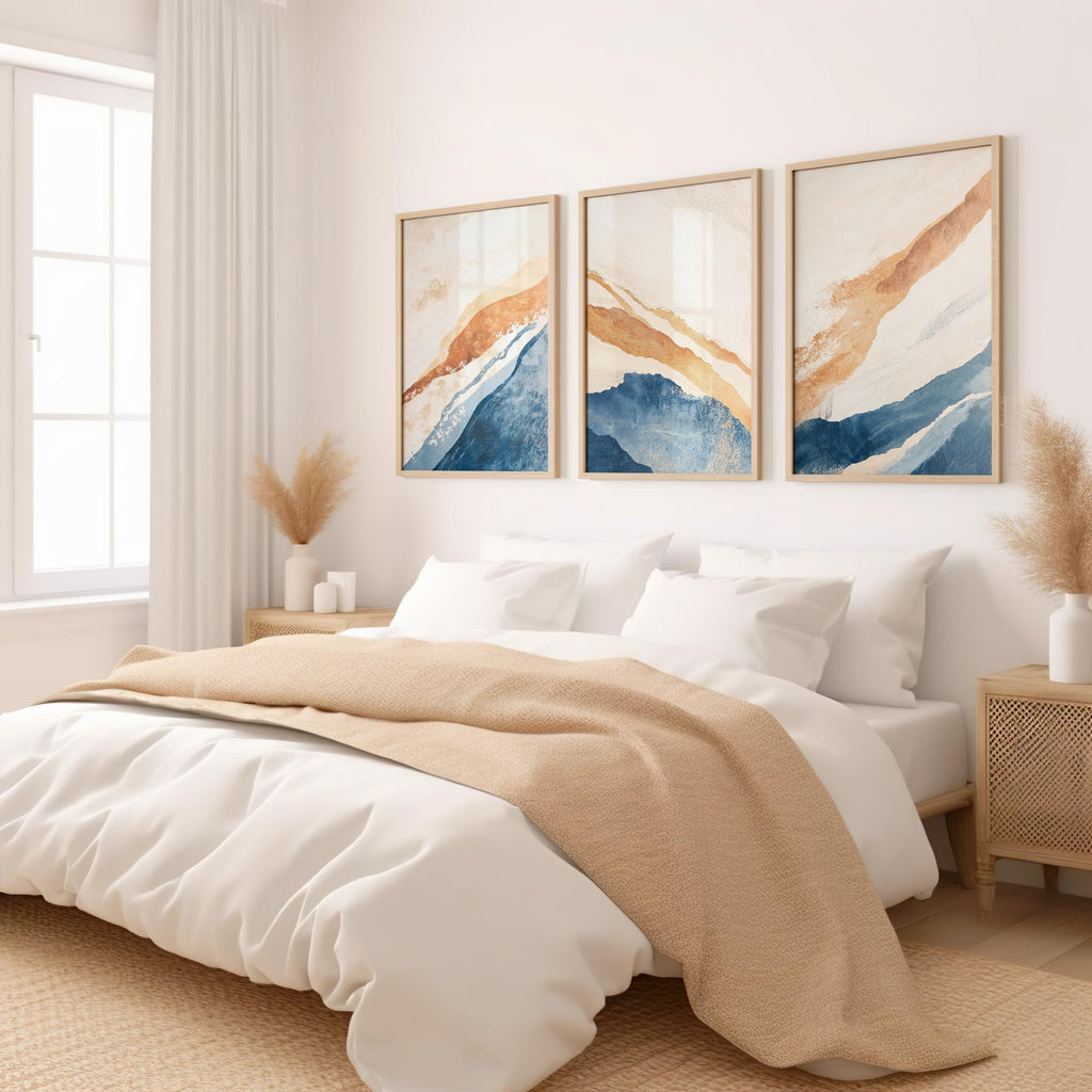 Abstract Triptych Wall Art: Blue & Orange Coastal Prints