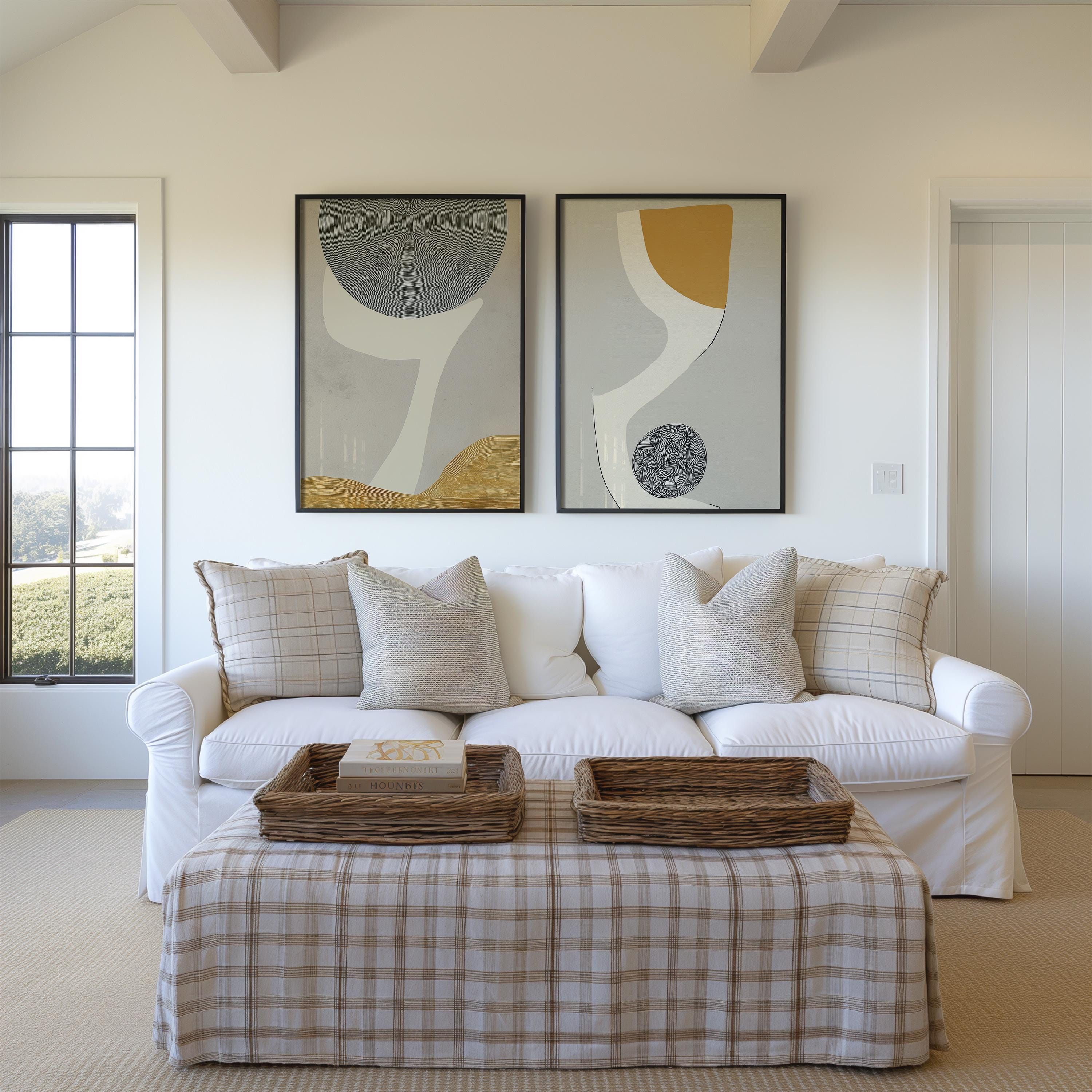 Abstract Geometric Wall Art Set of 2 Neutral Mustard Gray Modern Prints