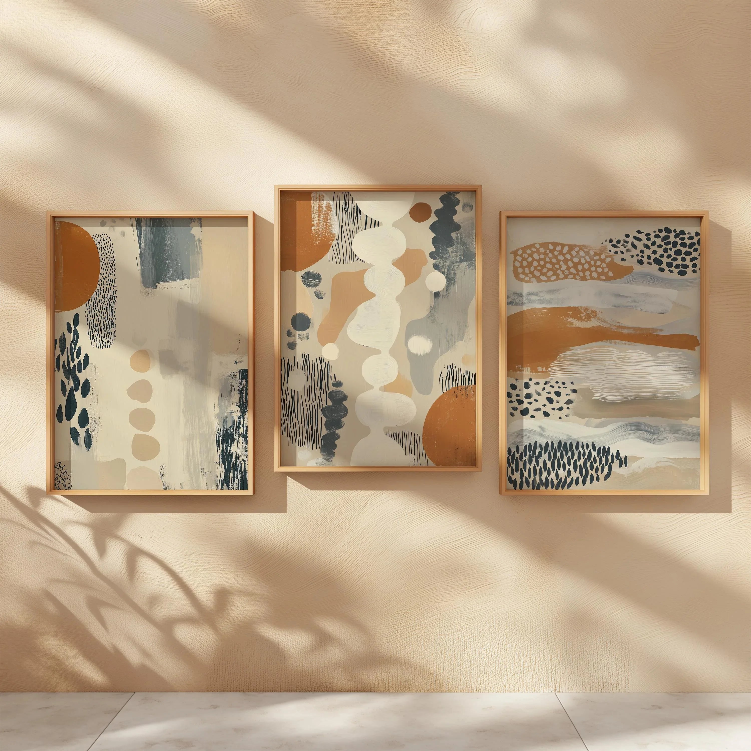 Abstract tribal shapes wall art – earth tones organic modern triptych decor