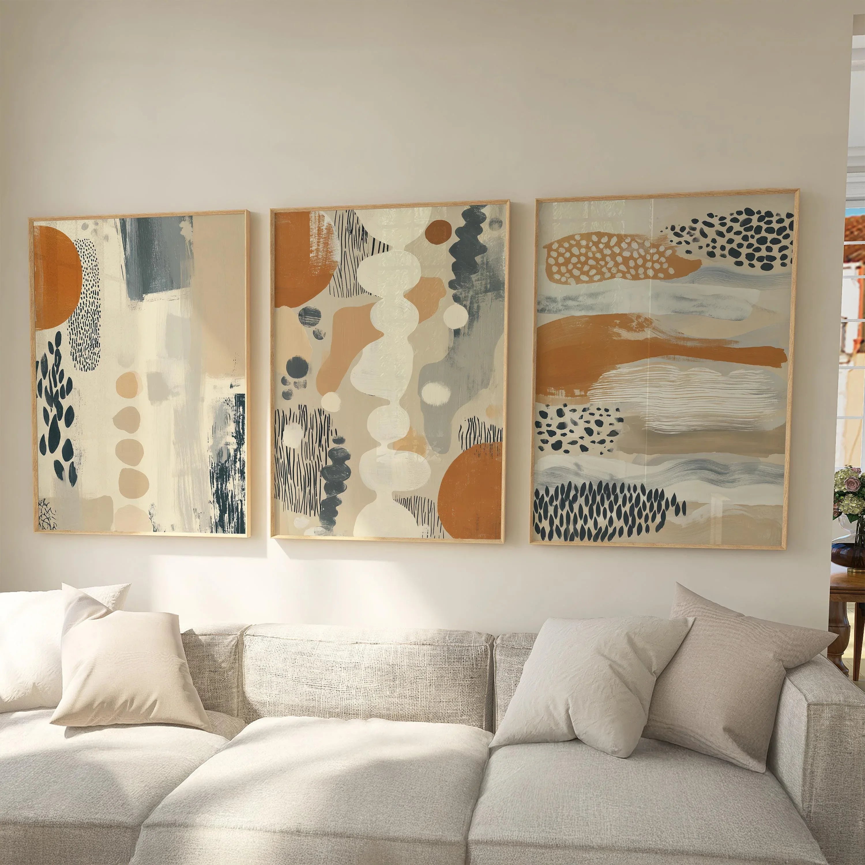 Abstract tribal shapes wall art – earth tones organic modern triptych decor
