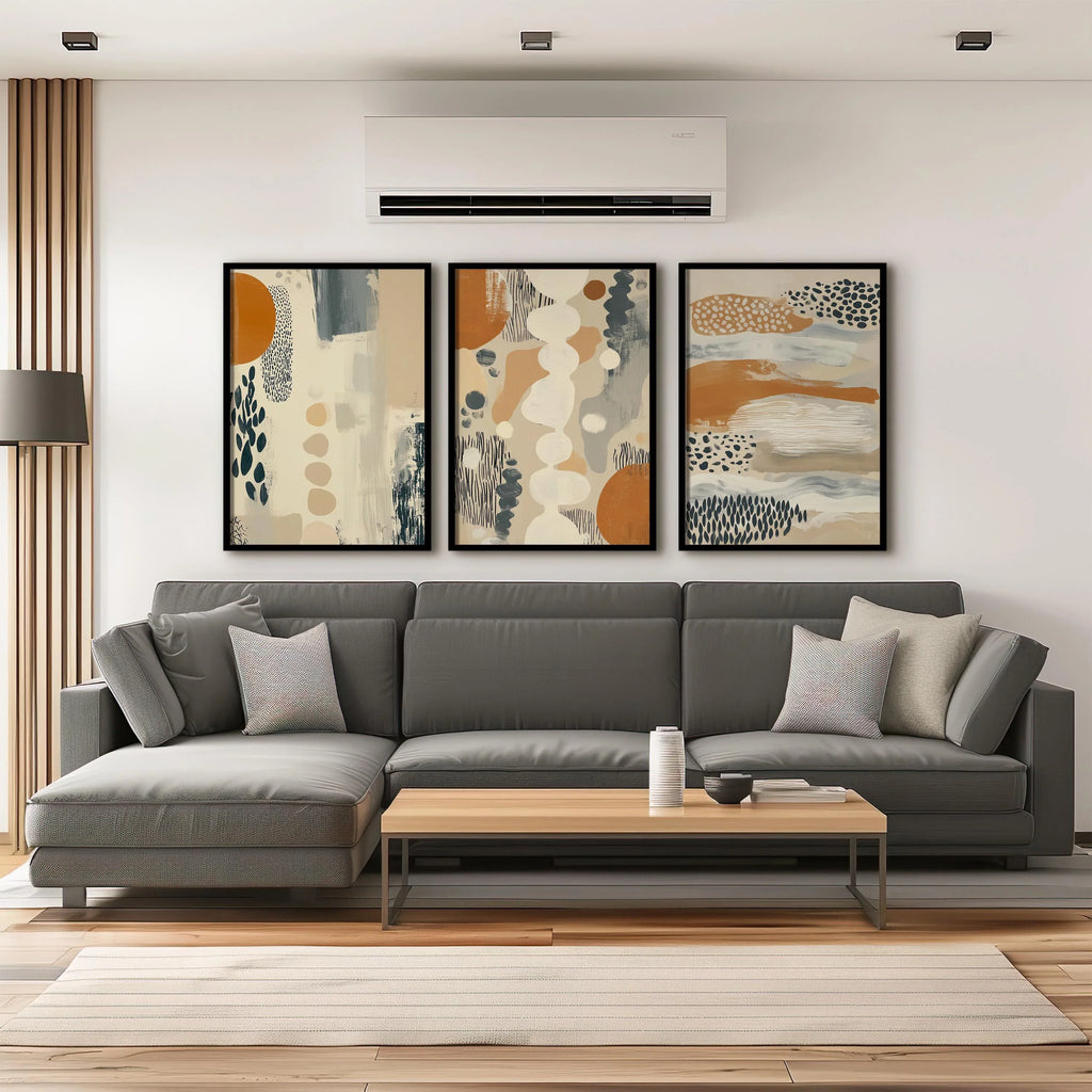 Abstract tribal shapes wall art – earth tones organic modern triptych decor