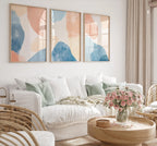 Abstract blue peach wall art – minimalist triptych set organic shapes