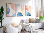 Abstract blue peach wall art – minimalist triptych set organic shapes