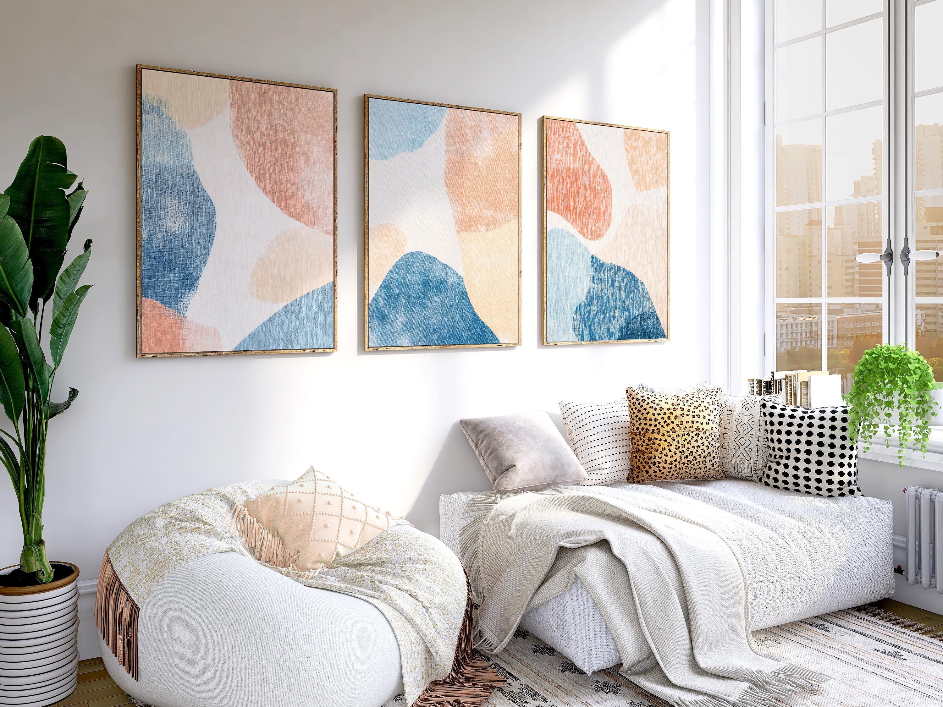 Abstract blue peach wall art – minimalist triptych set organic shapes