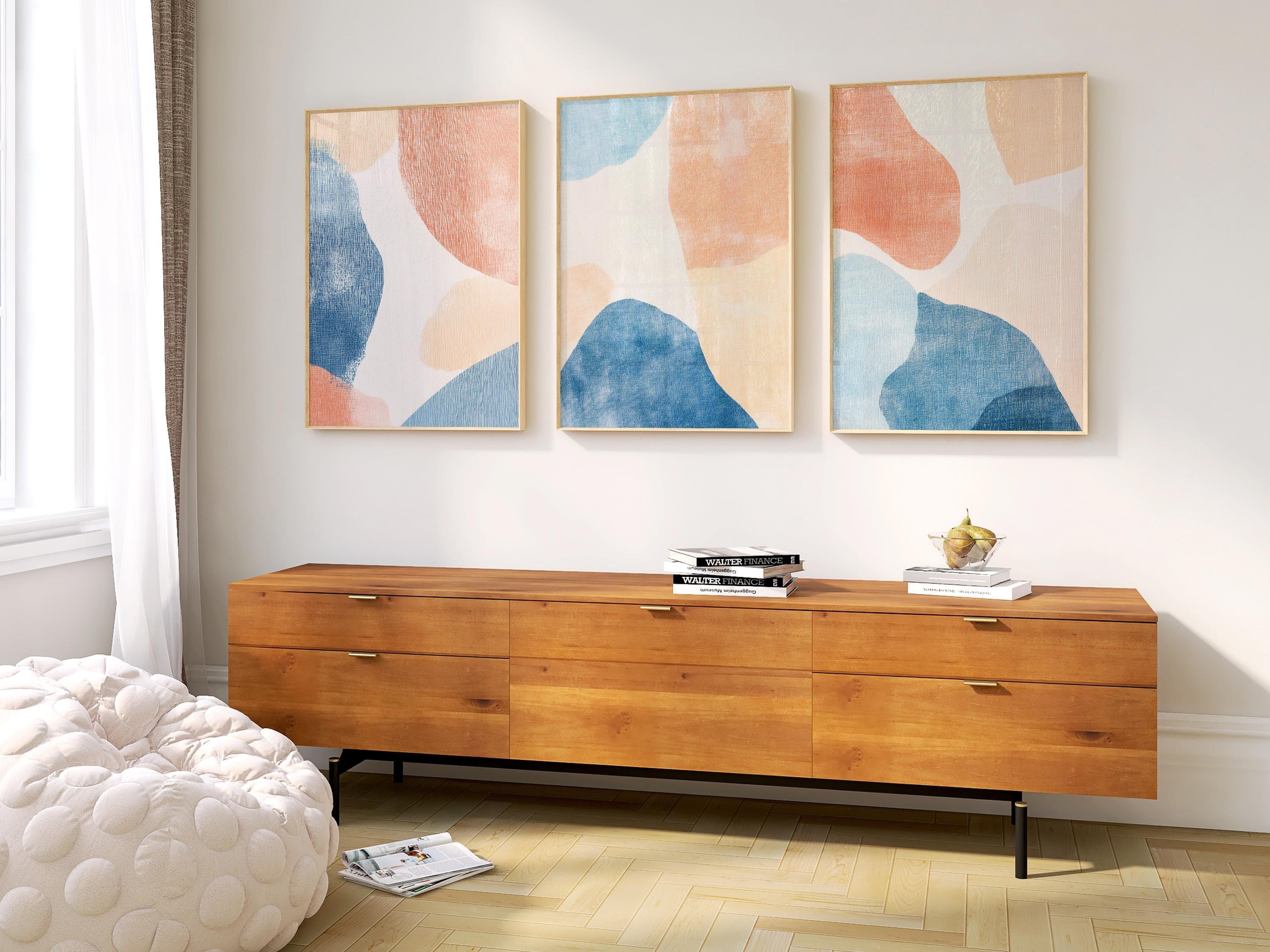 Abstract blue peach wall art – minimalist triptych set organic shapes