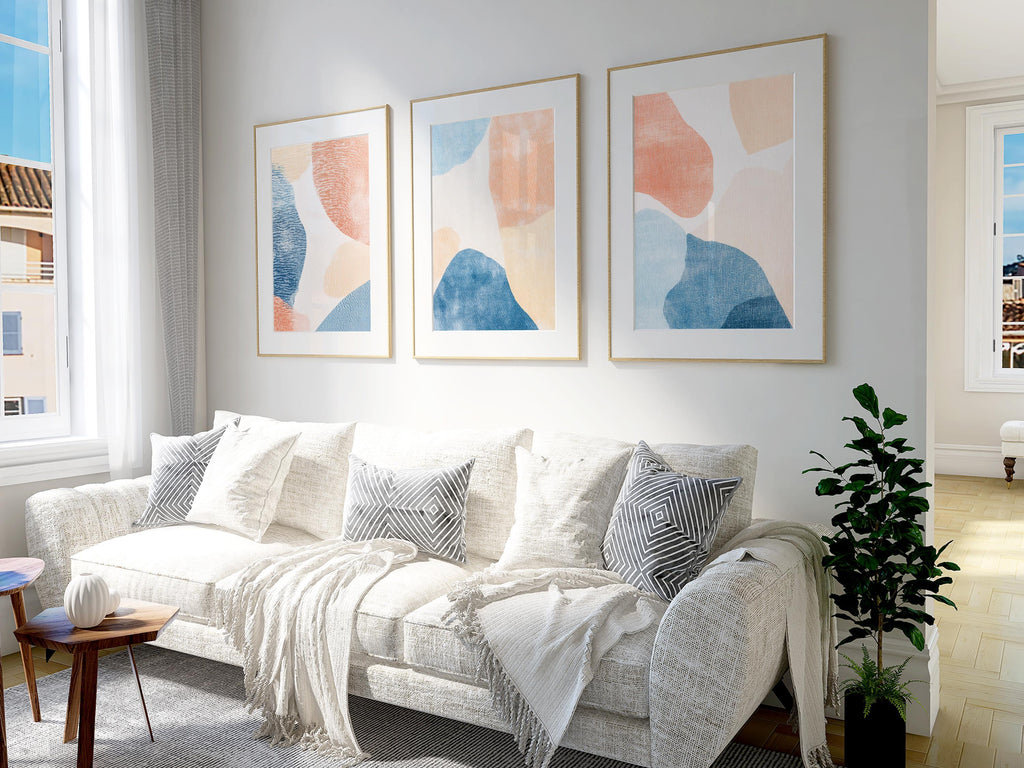 Abstract blue peach wall art – minimalist triptych set organic shapes