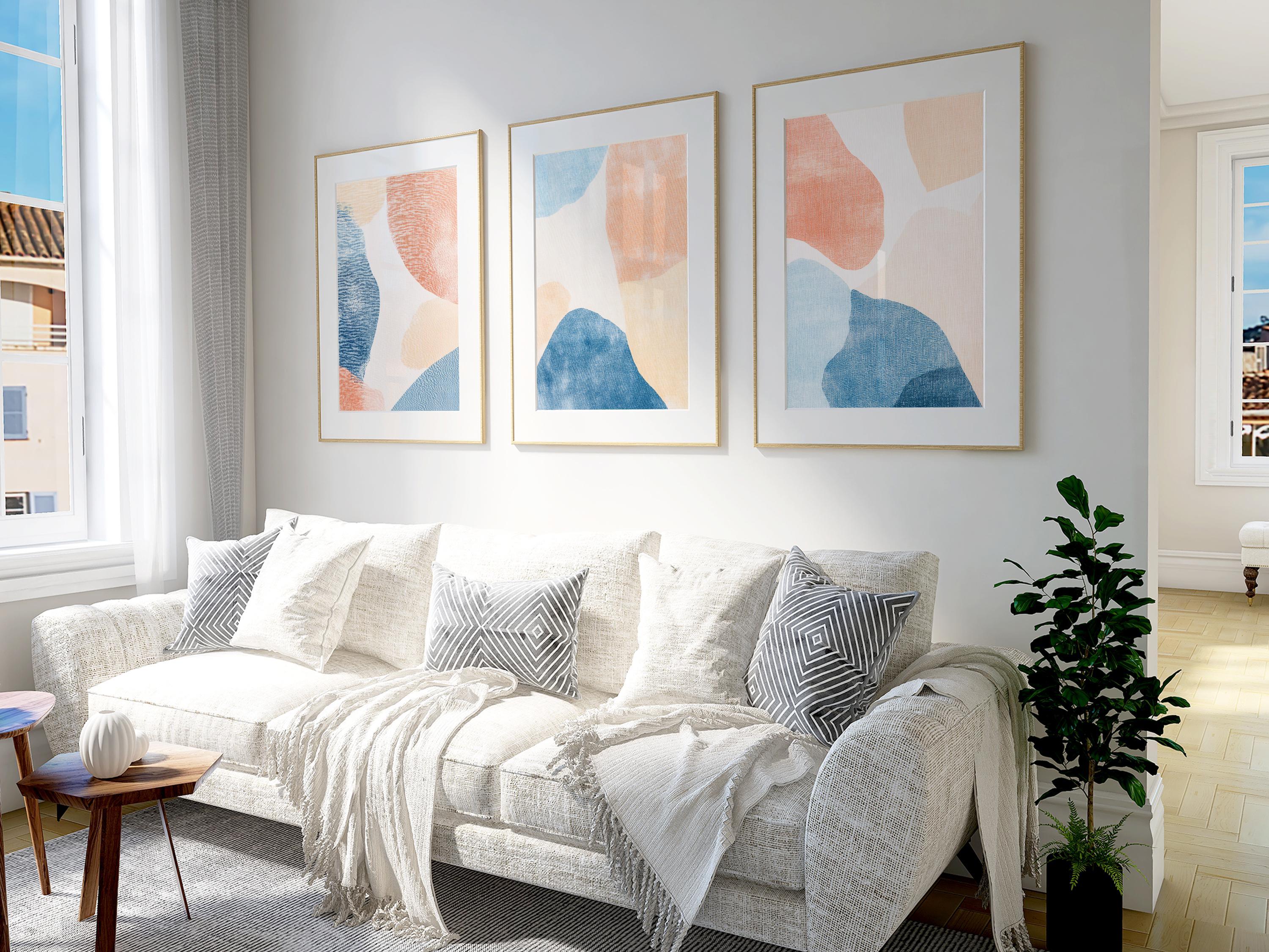 Abstract blue peach wall art – minimalist triptych set organic shapes