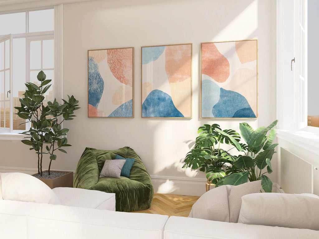 Abstract blue peach wall art – minimalist triptych set organic shapes